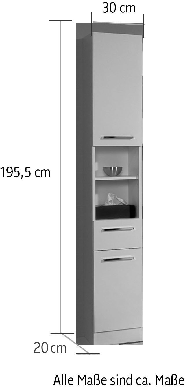 Saphir Hochschrank »Quickset 335 Badschrank 30 cm breit, 2 Türen, 1 Nische, 3 Einlegeböden«, Badezimmer-Hochschrank, Weiß Glanz, Griffe in Chrom glänzend