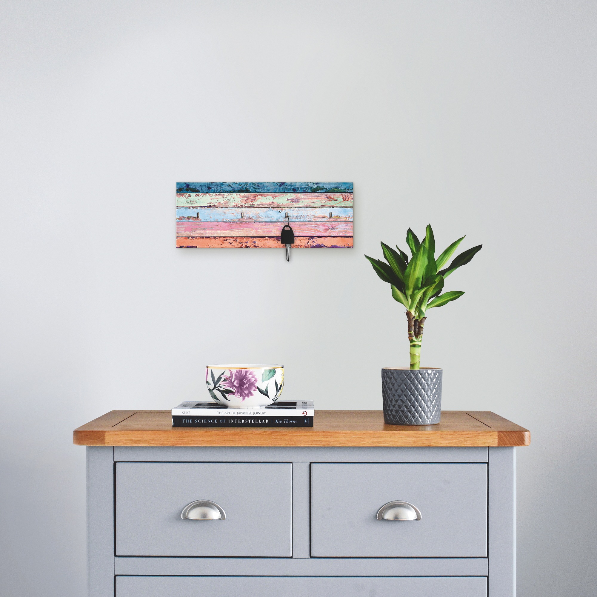 Artland Hakenleiste »Bunte Holzplanken«, aus Holz mit 4 Schlüsselhaken – Schlüsselboard, Schlüsselbretter, Schlüsselhalter, Schlüsselaufhänger für den Flur – Stil: Modern