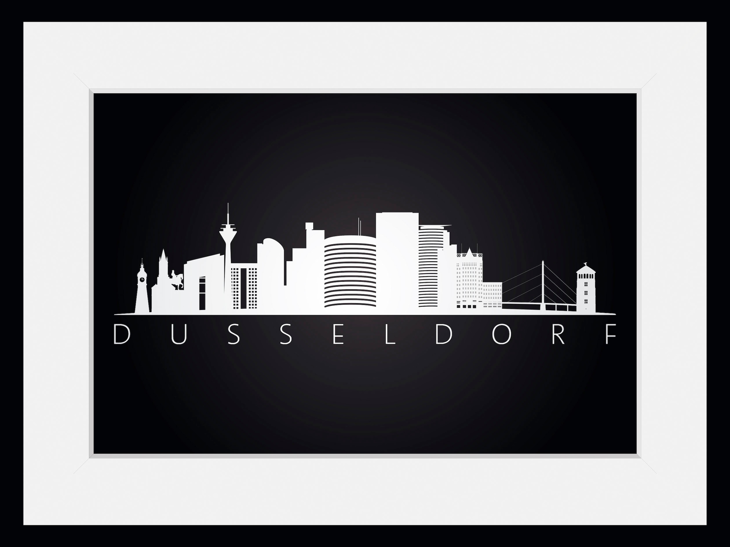 queence Bild »Düsseldorf Sehenswürdigkeiten«, Städte-Stadt-Deutschland-Gebäude-Schriftzug-Düsseldorf-Schwarz-Weiß, (1 St.), HD Premium Poster-Druck inkl. Holzrahmen
