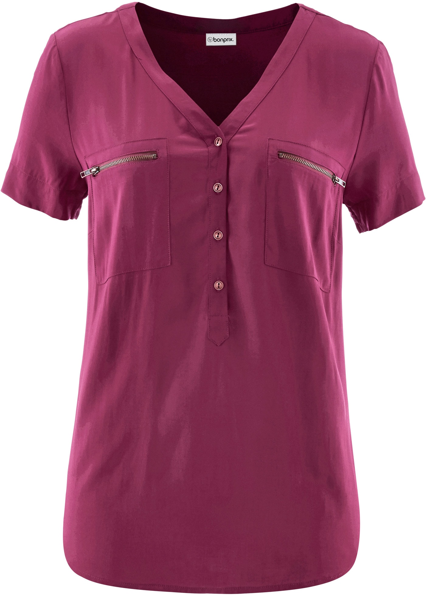 bonprix Kurzarmbluse bequeme Passform, aus Viskose, mit V-Ausschnitt mit kurzer Knopfleiste