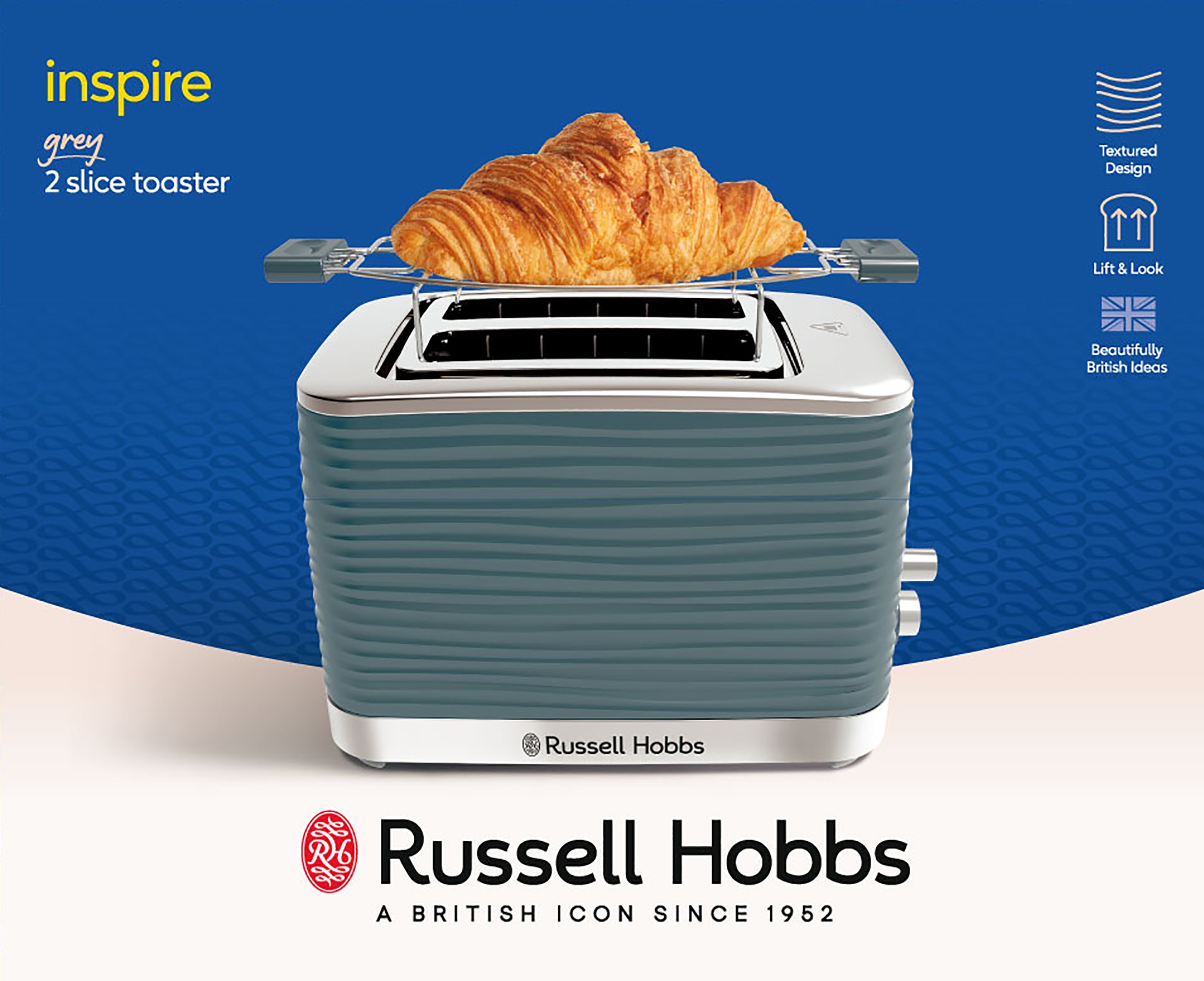 RUSSELL HOBBS Toaster »Inspire 24373-56 Grau«, 2 Schlitze, 1050 W, mit hochwertiger Hochglanz-Struktur, extra breite Toastschlitze
