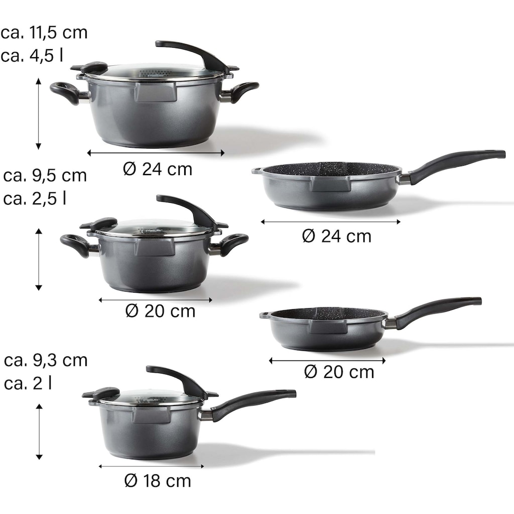 STONELINE Topf-Set »Future«, Aluminiumguss, (Set, 8 tlg., Kochtopf 20/24, Stieltopf 18 cm, Schmorpfanne 20/24 cm), Induktion