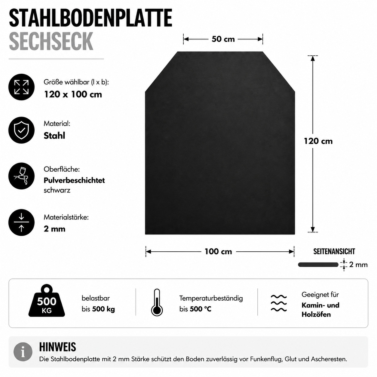Hanseatic Bodenschutzplatte »für Kaminöfen Sechseck 100 Stahl« 1 Stk. tlg. Stahl-Sechseck, 100 x 120 cm, 2mm Stärke, schwarz, zum Funkenschutz