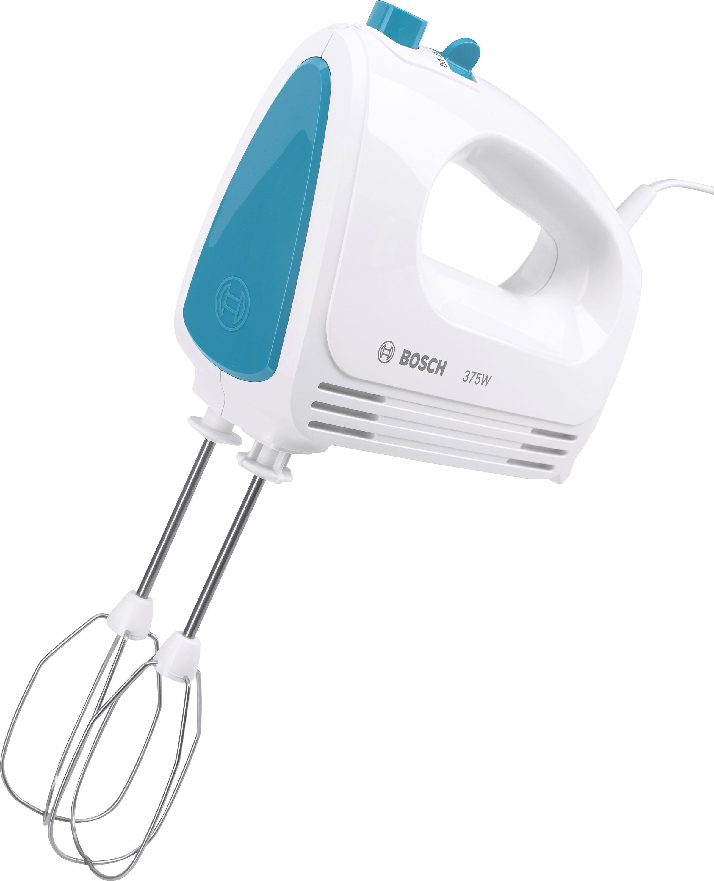 BOSCH Handmixer »CleverMixx MFQ2210D, Edelst. Rührbesen/Knethaken, 4 Stufen, weiß/blau«, 375 W, Auswurftaste, leichtes Gehäuse, Made in Europe