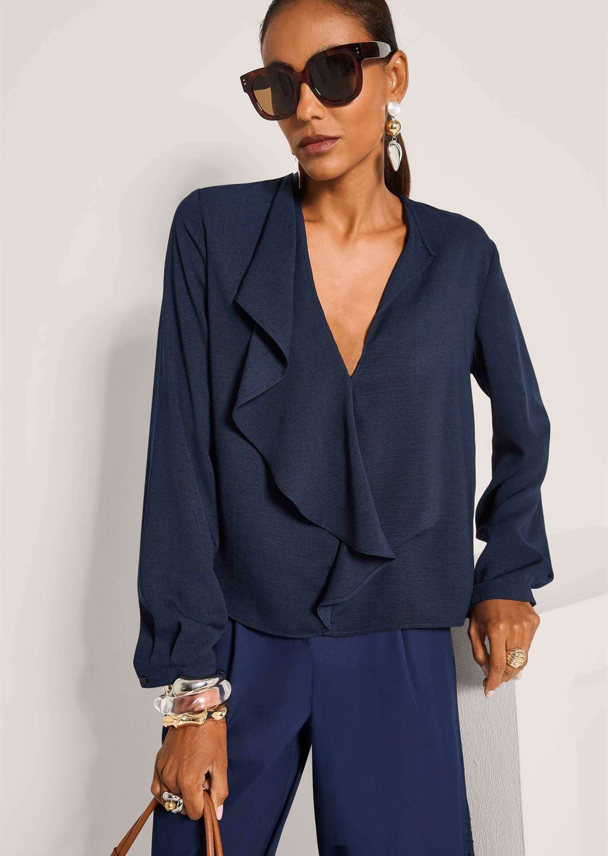 MADELEINE Langarmbluse »Hemdbluse Volantbluse mit Rüschendetails« Bluse mit einseitiger Rüsche am V-Ausschnitt