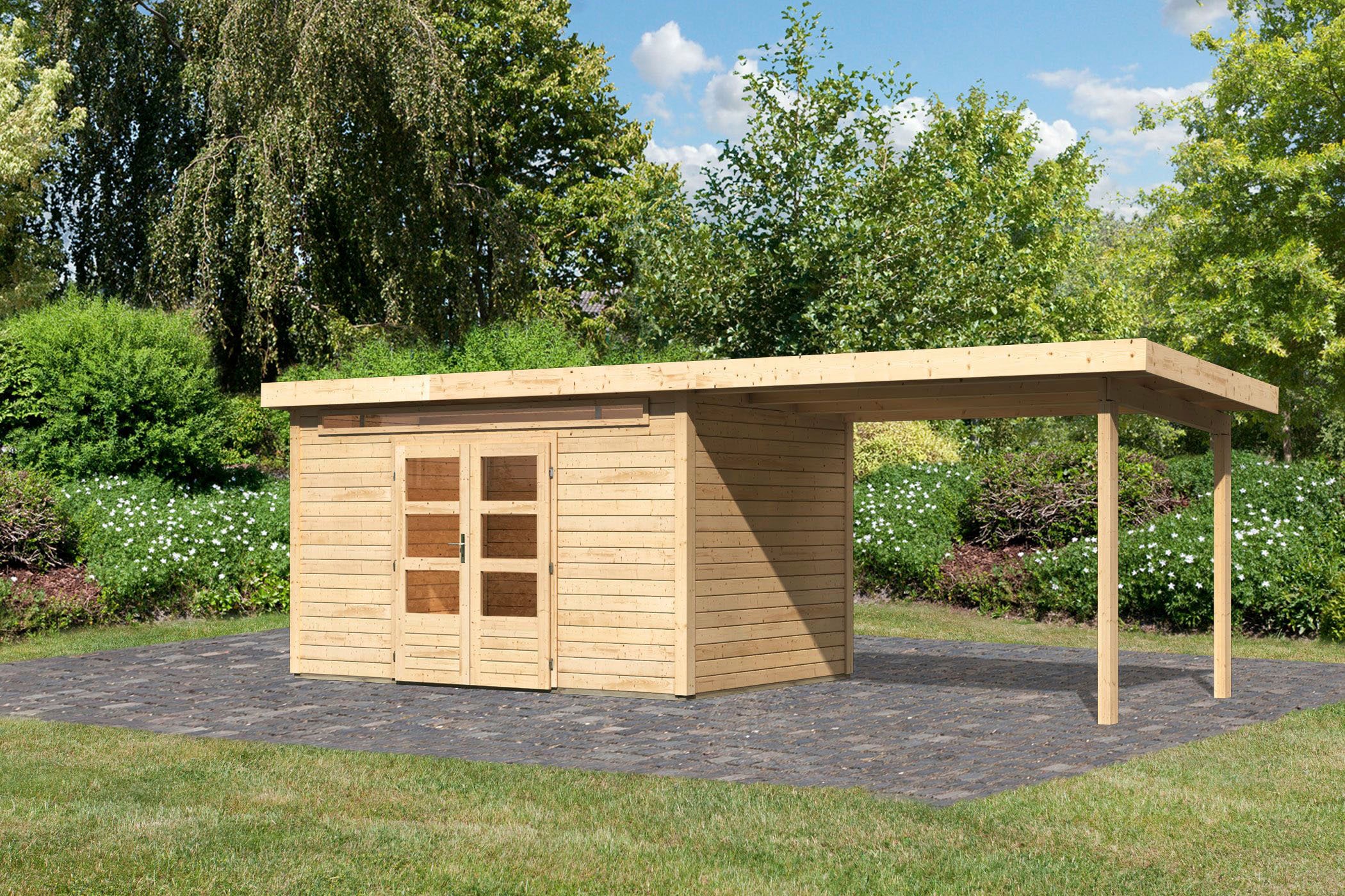 Karibu Gartenhaus »"Karlshöfen 7" SET naturbelassen mit Anbaudach 3,2 m Breite«, aus hochwertiger nordischer Fichte