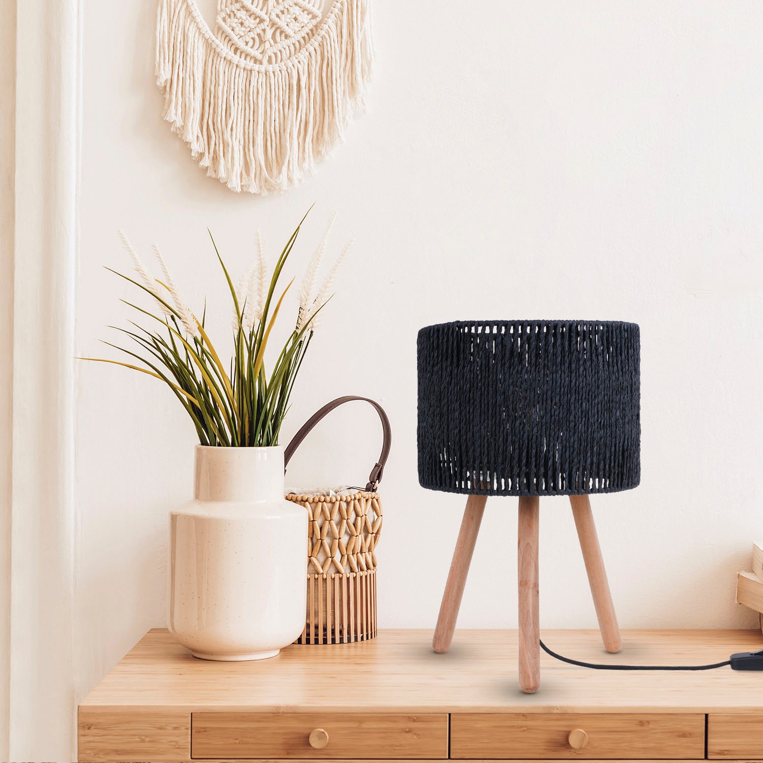 Paco Home Tischleuchte »PITA«, Leuchtmittel E27 | ohne Leuchtmittel, Nacht Schreib Lampenschirm Boho Holz Stativ E27