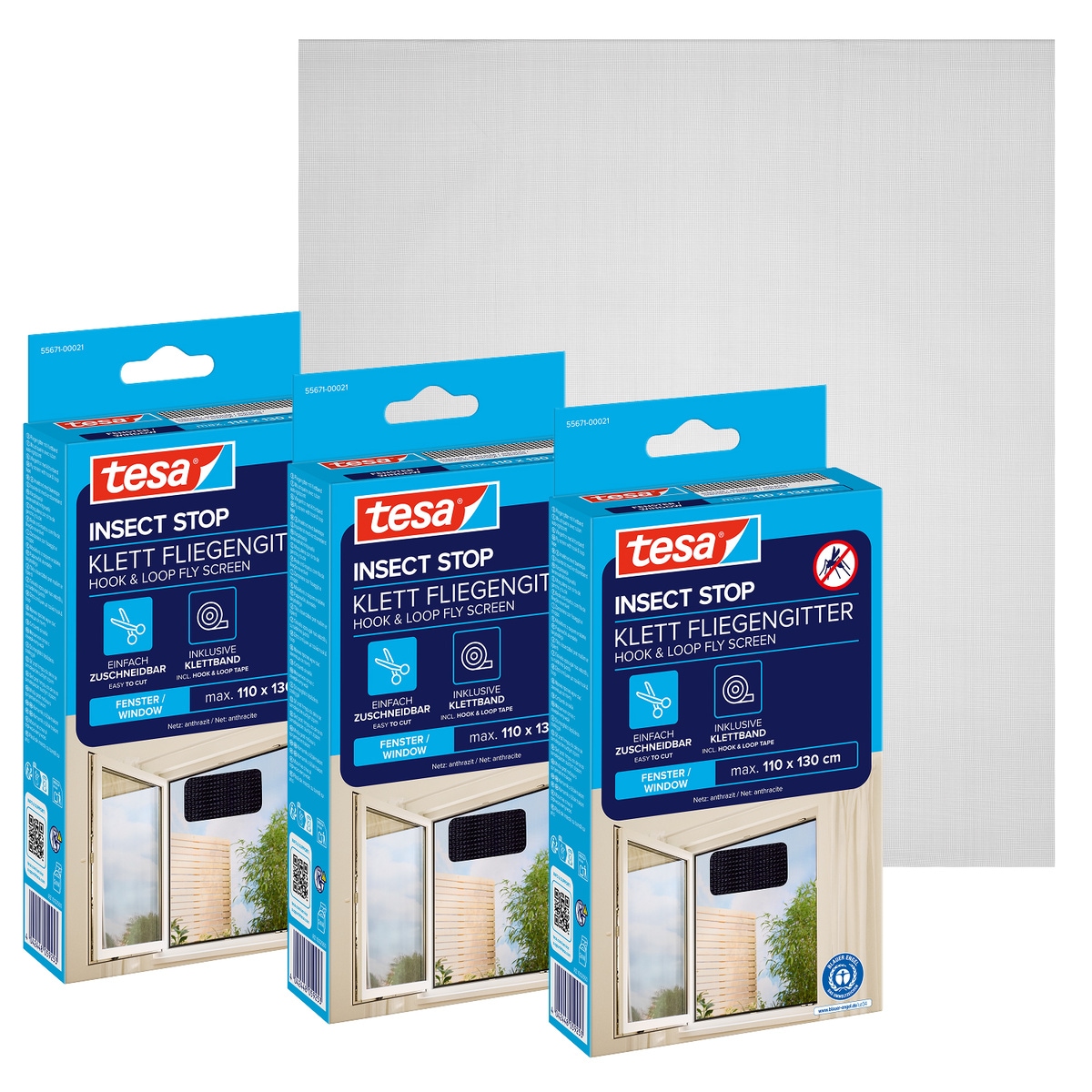 tesa Insektenschutz-Fensterrahmen »Insect Stop Standard Fliegengitter für Fenster - 1.1 m :1.3 m« Packung, Fliegennetz, Klettband, 3 Stk. tlg. Insektenschutzgitter -Fliegenetz ohne Bohren-zuschneidbar