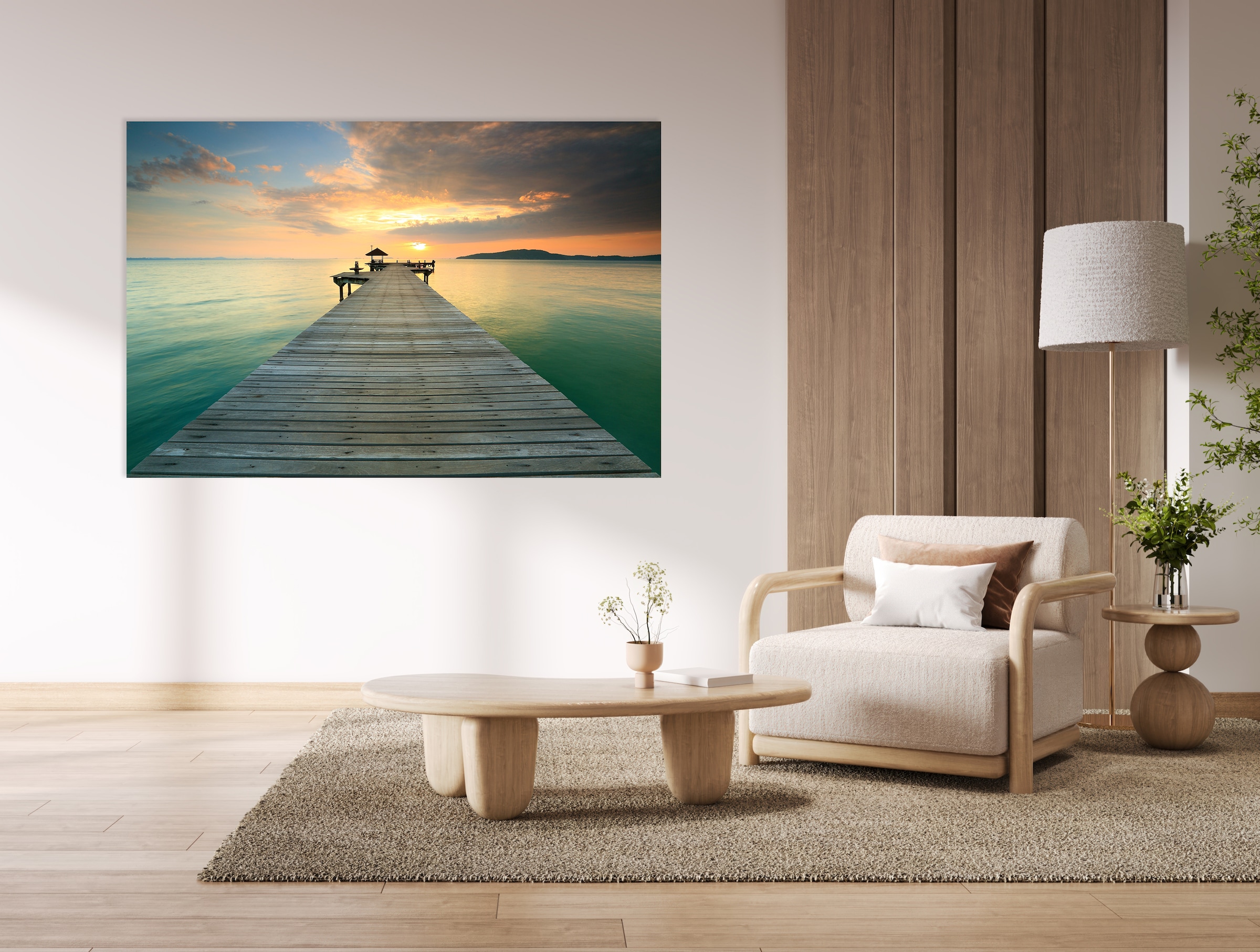 queence Acrylglasbild »Steg am See mit Sonnenuntergang« 1 Stk. tlg. mit schwebender 3D Tiefenwirkung, dank der rahmenlosen Befestigung