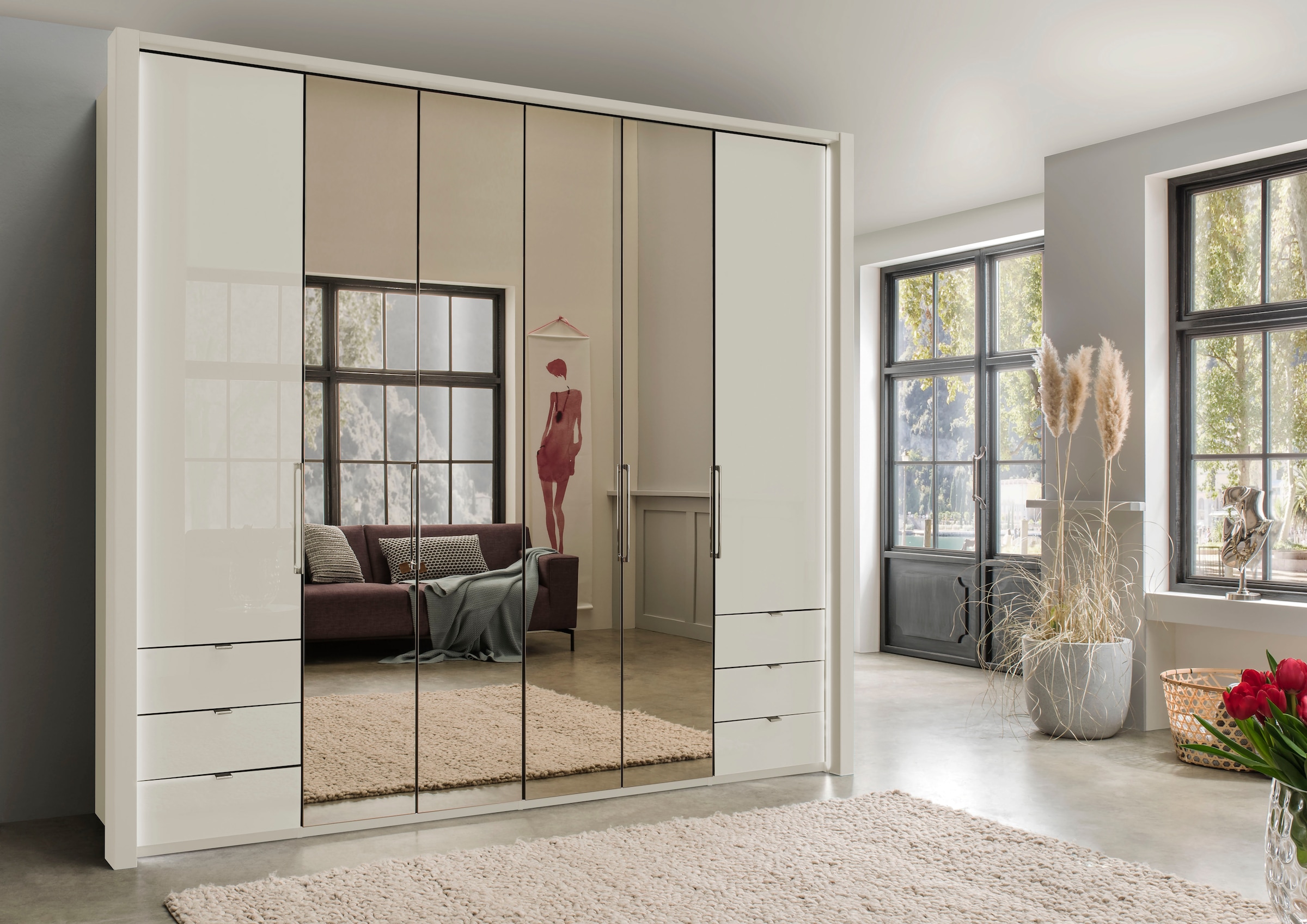 WIEMANN Falttürenschrank »Kansas, Kleiderschrank, Schrank, Wäscheschrank, mit Glas und Spiegel«, (2 Breiten, MADE IN GERMANY), inkl. gepämpften Schubkästen und Türen, mit Panoramaöffnung