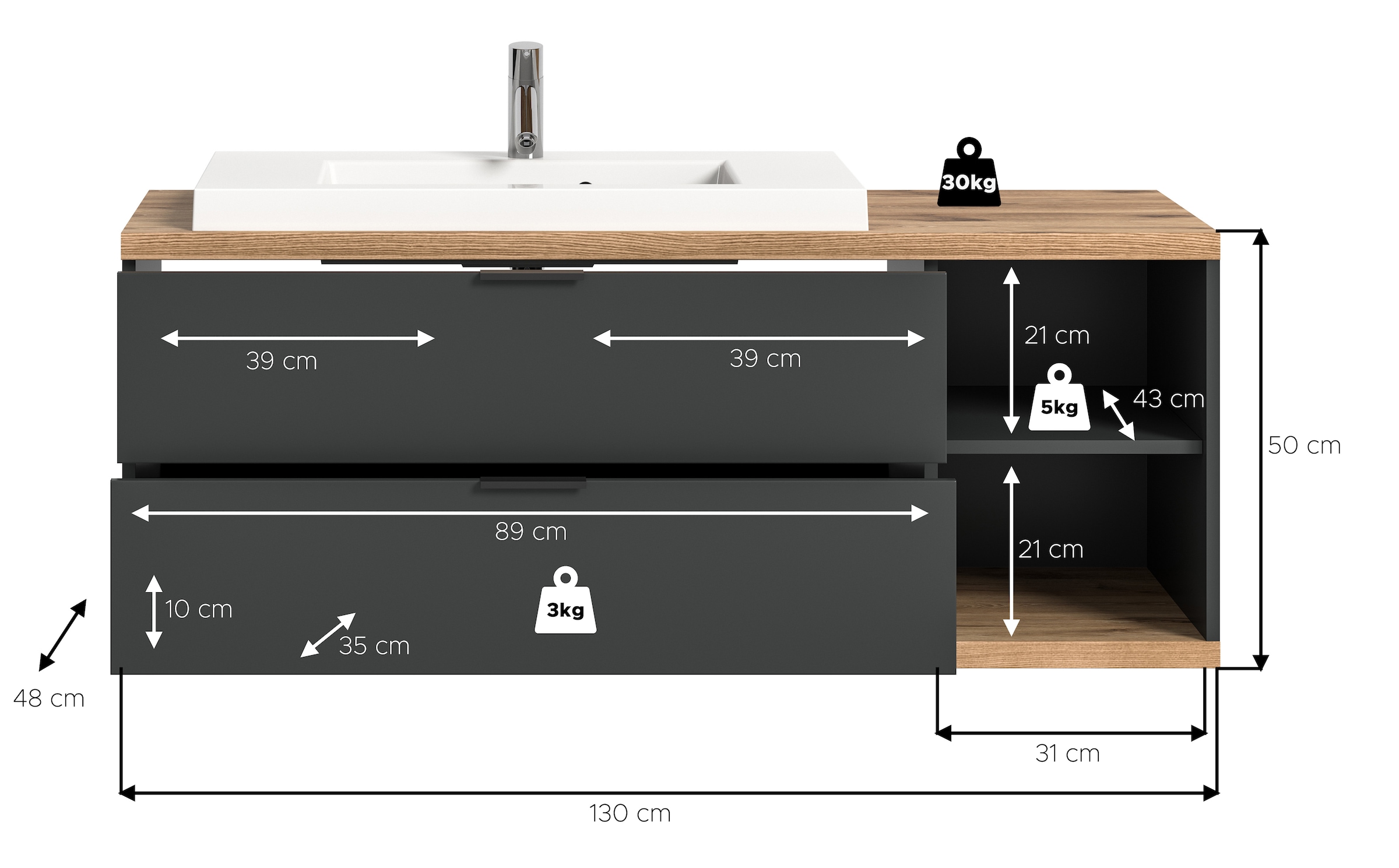 welltime Waschtisch »Sencillo, Waschbeckenunterschrank inkl. Mineralguss Waschbecken« Set, 1 Stk. tlg. Sencillo, Waschbeckenunterschrank,2 Schubladen, 2 offene Fächer