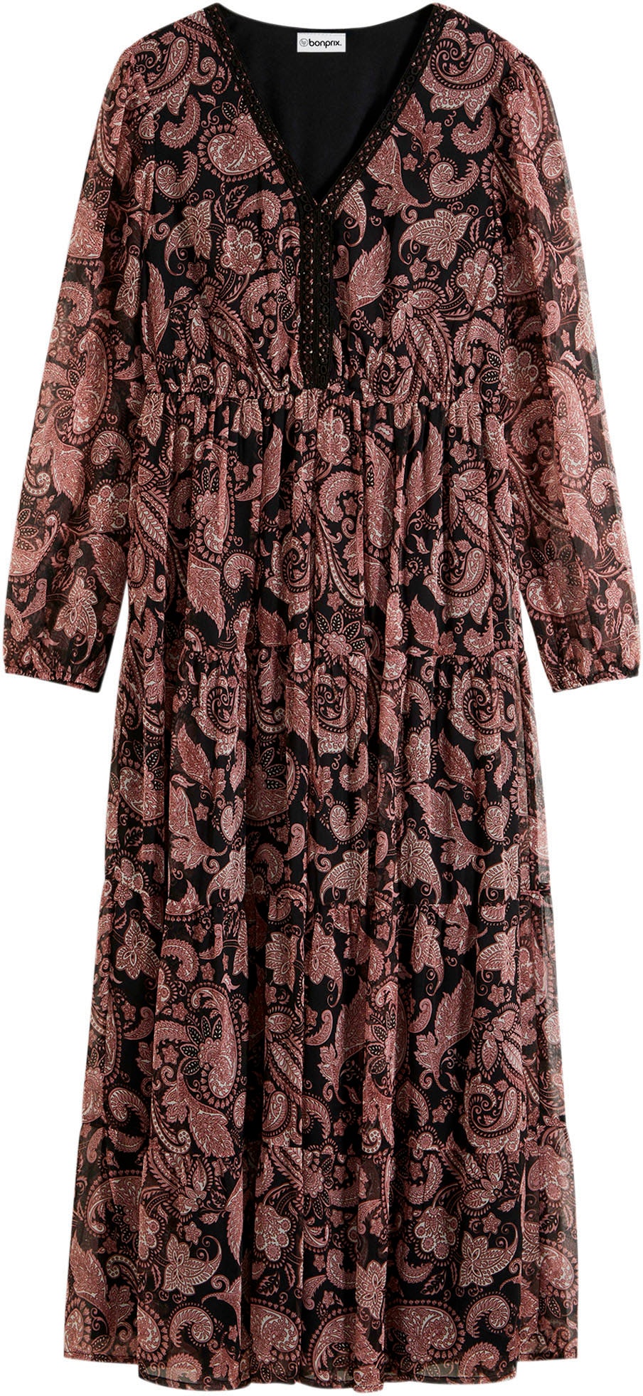 bonprix Maxikleid »Maxikleid« aus Polyester, ausgestellte Passform, mit Spitze am Ausschnitt