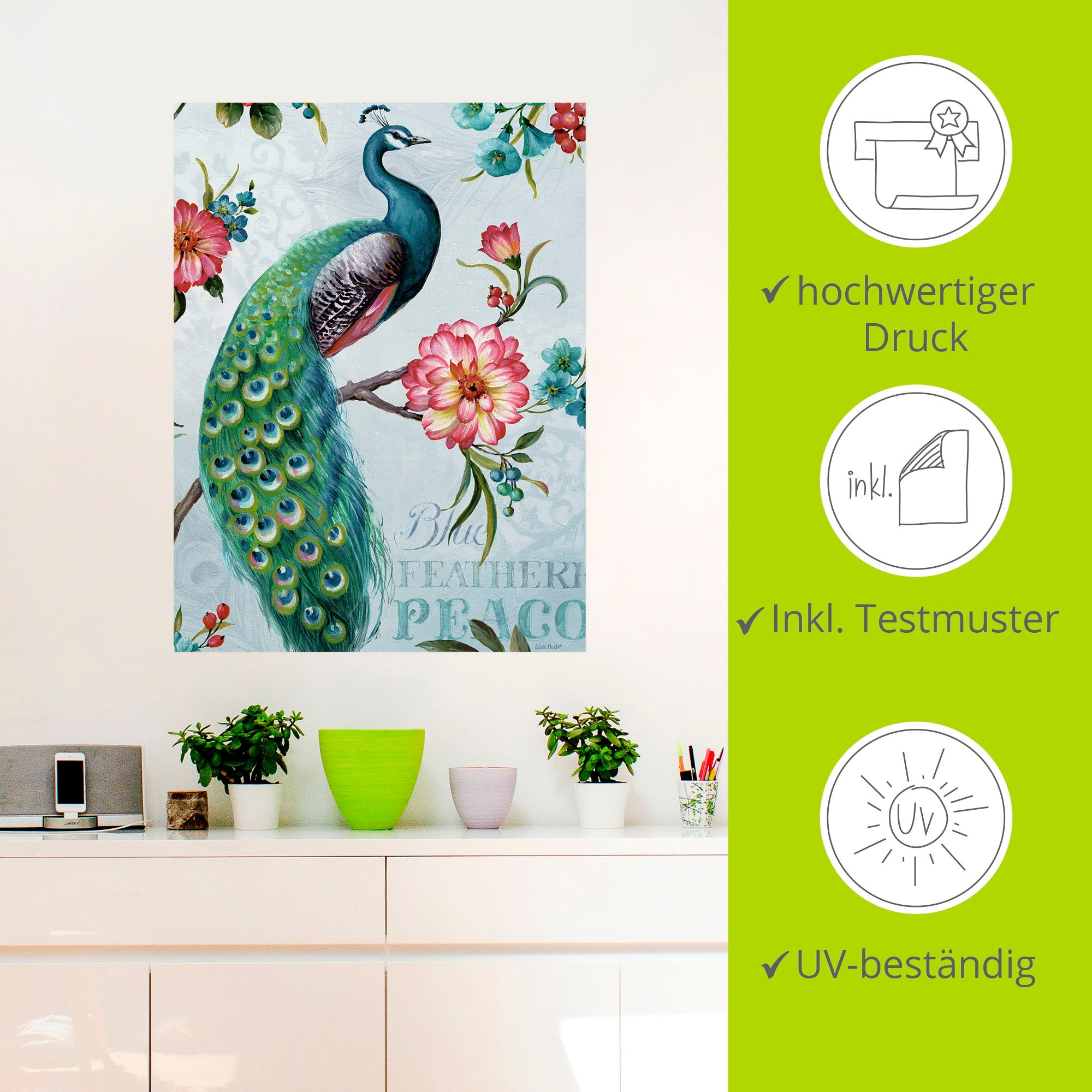 Artland Wandbild »Blau gepfederter Pfau«, Vögel, (1 St.), als Leinwandbild, Poster, Wandaufkleber in verschied. Größen