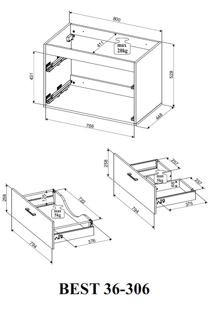 BASIC by Balculina Waschtisch »Best80«, Breite 81 cm,mit Waschbecken, Doppelwandiger Metallschubk., Softlclose