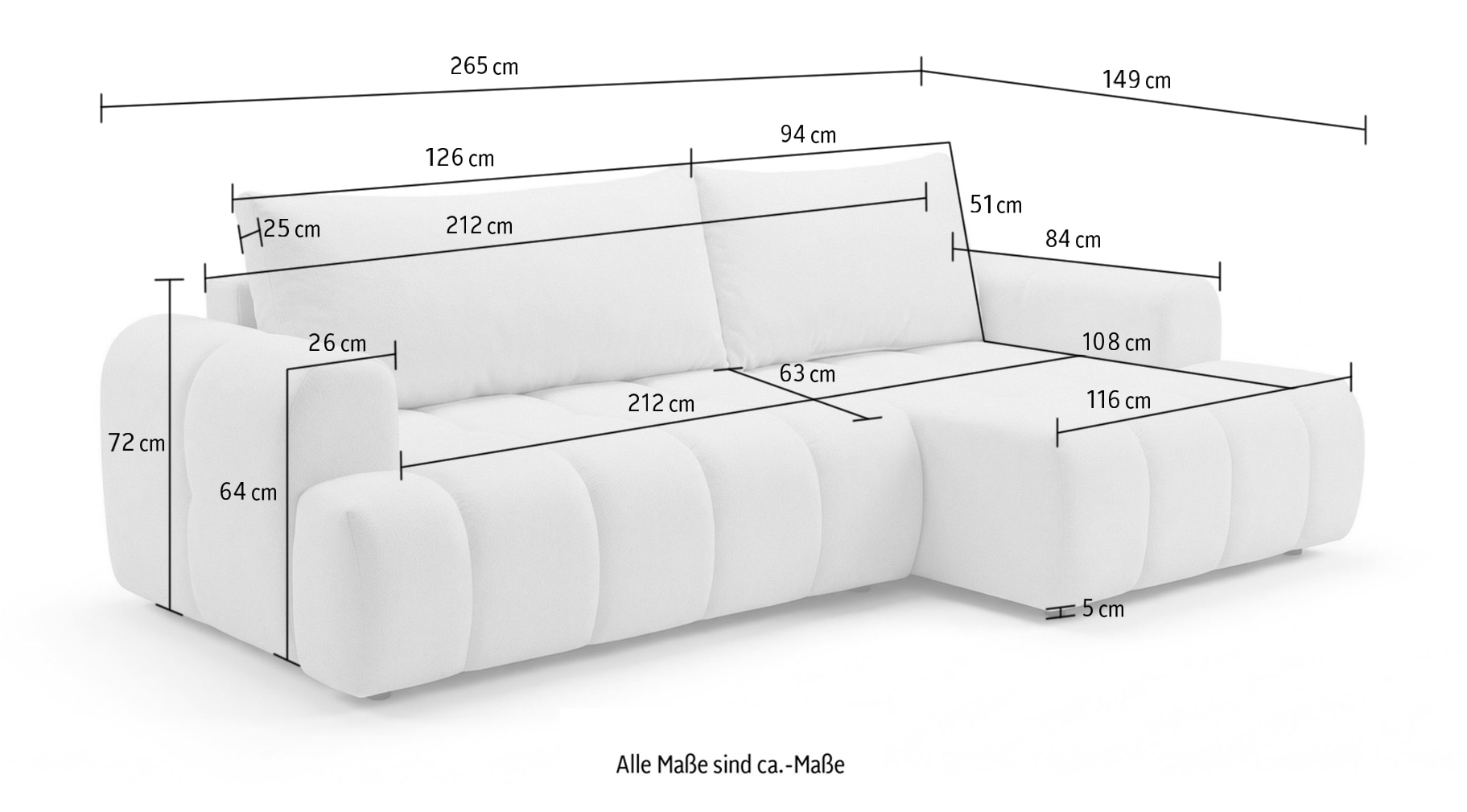 OTTO home Ecksofa »LIOORA Schlafsofa mit Bettkasten, Breite 265 cm, Verlässliche Qualität« L-Form mit Bettfunktion und Bettkasten, Recamiere rechts/links