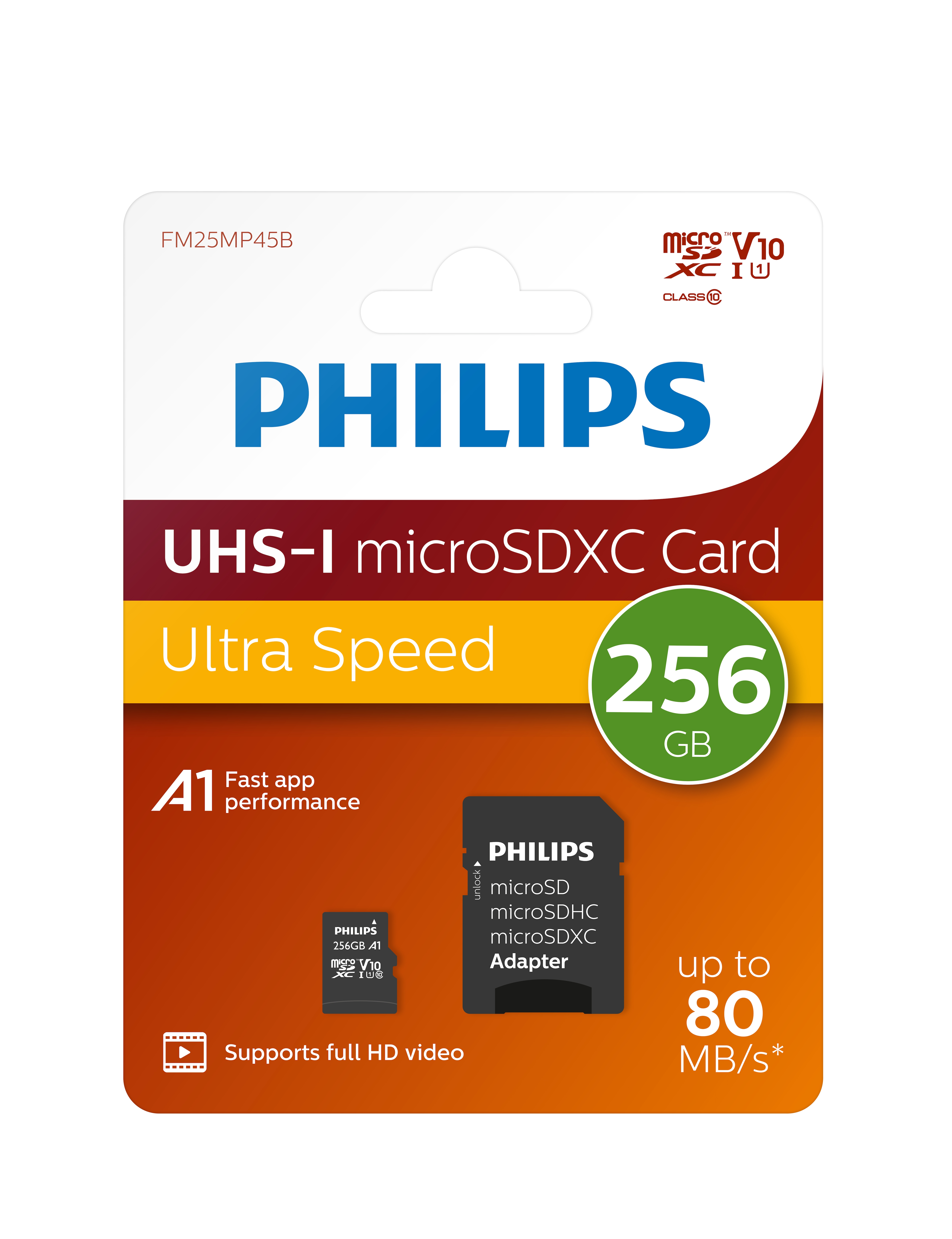 Philips Speicherkarte »MicroSDXC UHS-I CL10 U1 256GB« (256 GB UHS-I Class 10 80 MB/s Lesegeschwindigkeit) in schwarz, Größe 256 GB