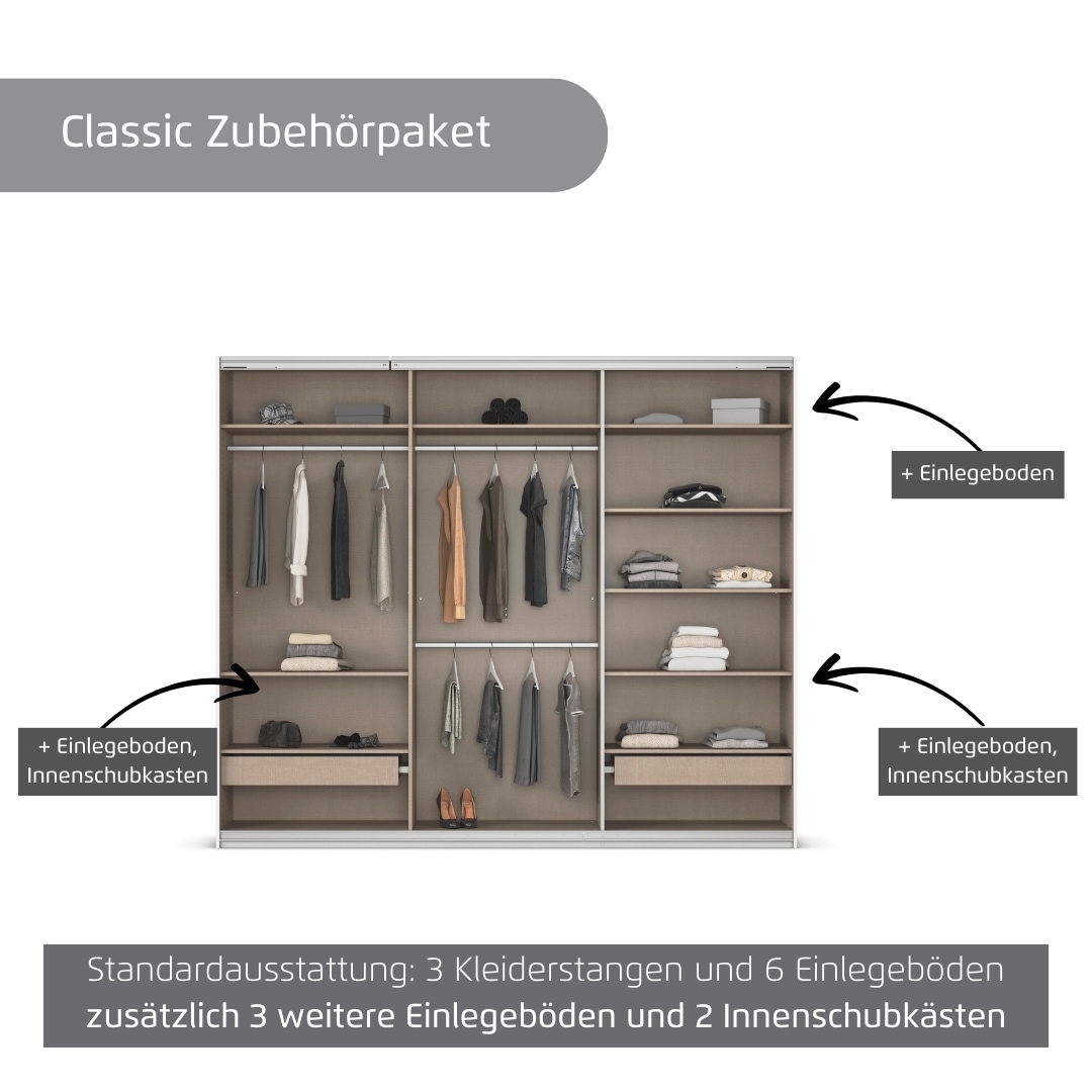 rauch Kleiderschrank »Schwebetürenschrank Garderobe Schrank TOP ANGEBOT Avola«, (in 3 verschiedenen Ausstattungen BASIC/CLASSIC/PREMIUM inkl. Spiegel), mit eleganten Zierleisten in Chrom, Schwarz oder Weiß MADE IN GERMANY