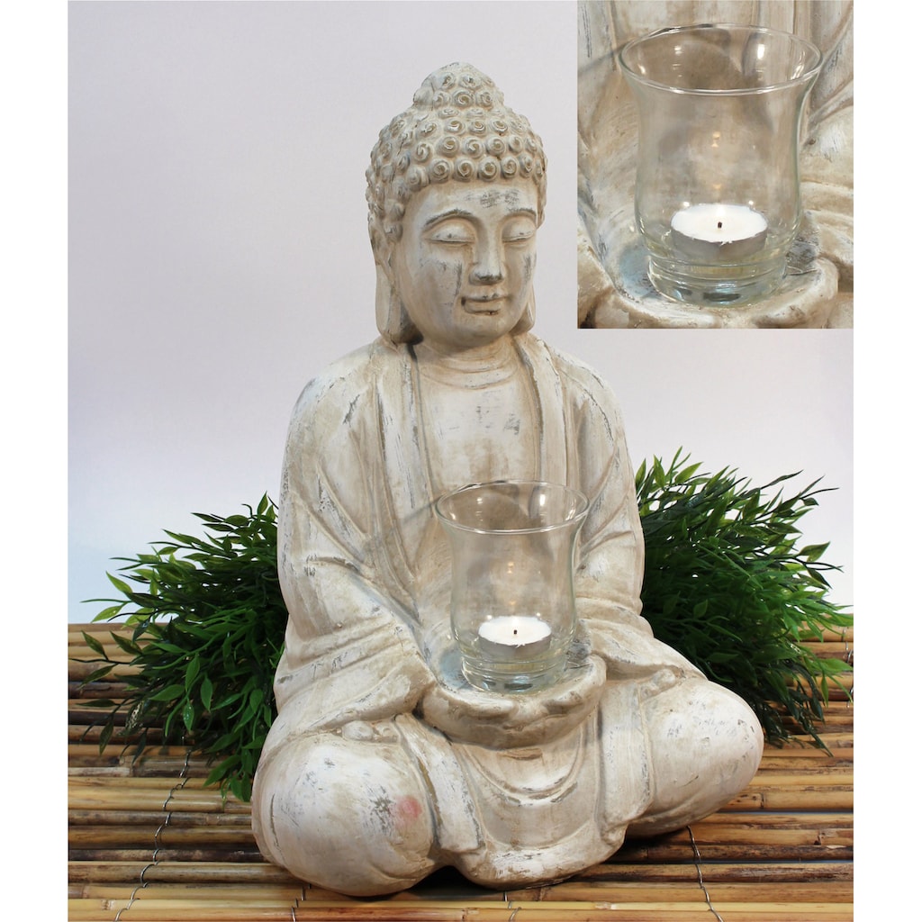 NOOR LIVING Teelichthalter »Buddha«, (1 St.), mit Teelichtglas, Höhe 40 cm