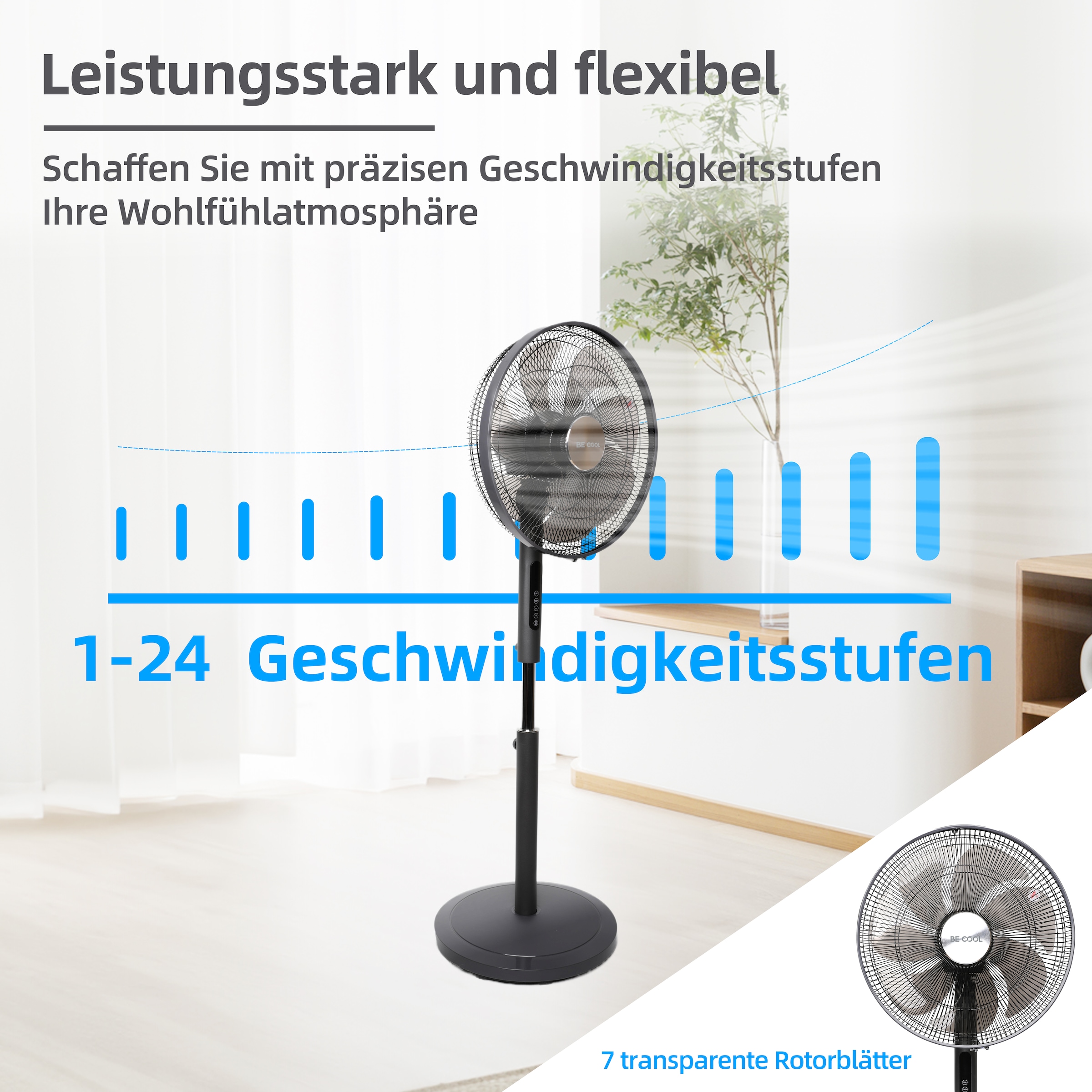 be cool Standventilator »Gleichstrom-Standventilator 45cm mit 7 Rotorblättern«, energieeffizient, 7-flügelig, Fernbedienung