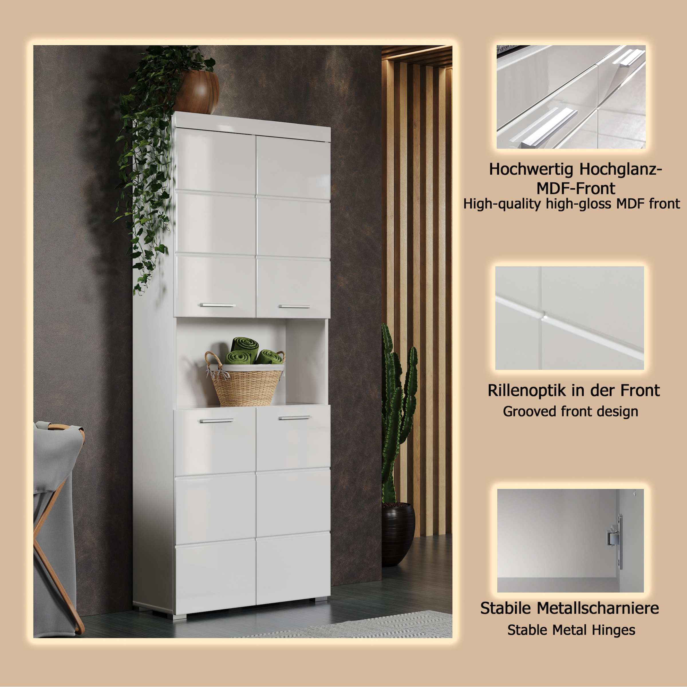 welltime Hochschrank »Avena«, Badschrank 4-türig mit o. Fach und 4 Einlegeböden - B/T/H 73/31/190 cm