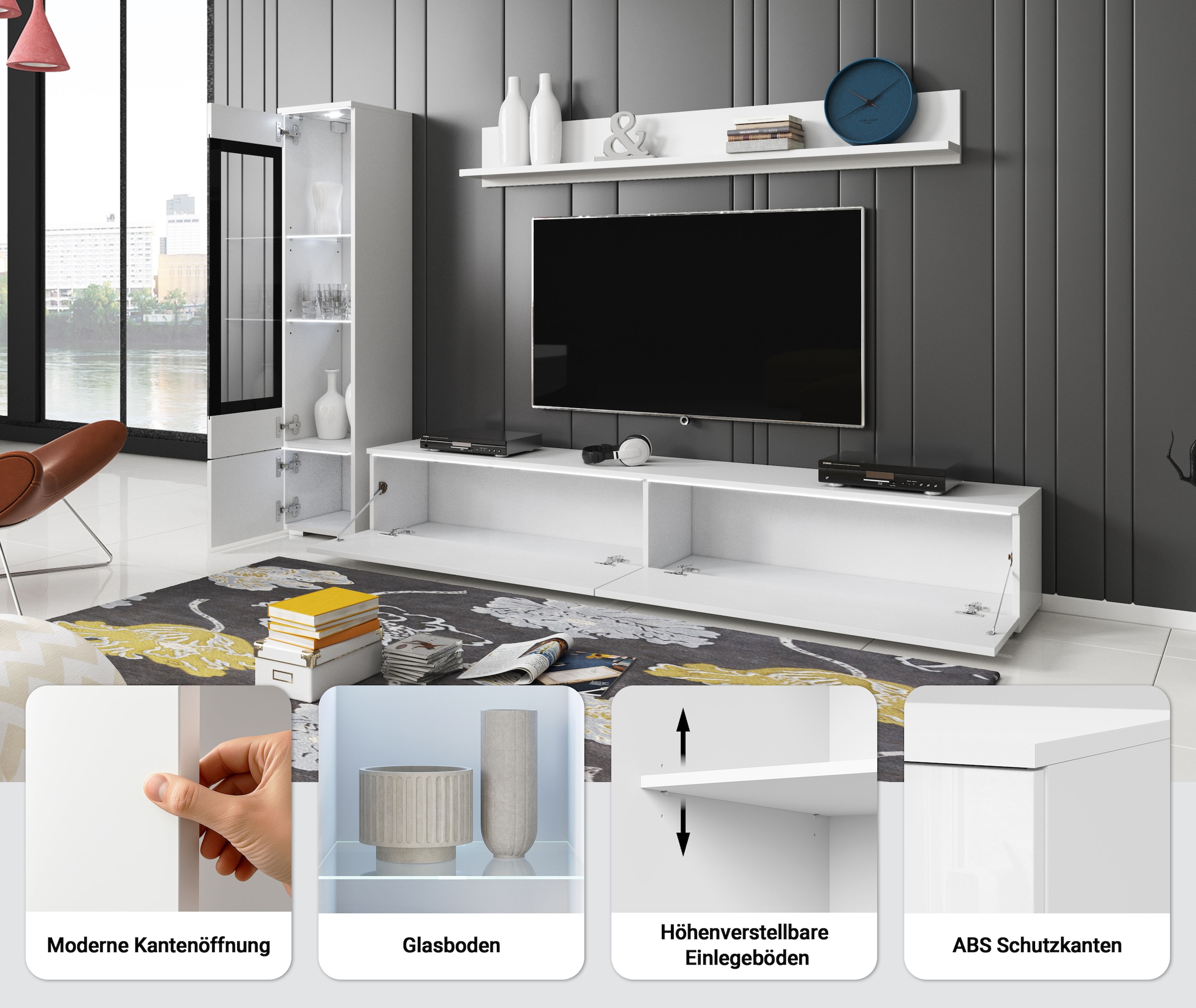 INOSIGN Wohnwand »VERA I, Vitrinen Türanschlag links/rechts wechselbar« Komplett-Set, 3 Stk. tlg. Vitrine mit Verglasung, stehend und hängend, Türanschlag wechselbar