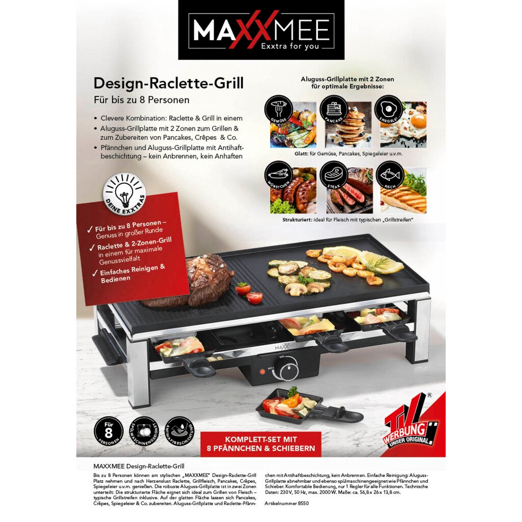 MAXXMEE Raclette »Grill für 8 Personen«, 8 St. Raclettepfännchen, 2000 W