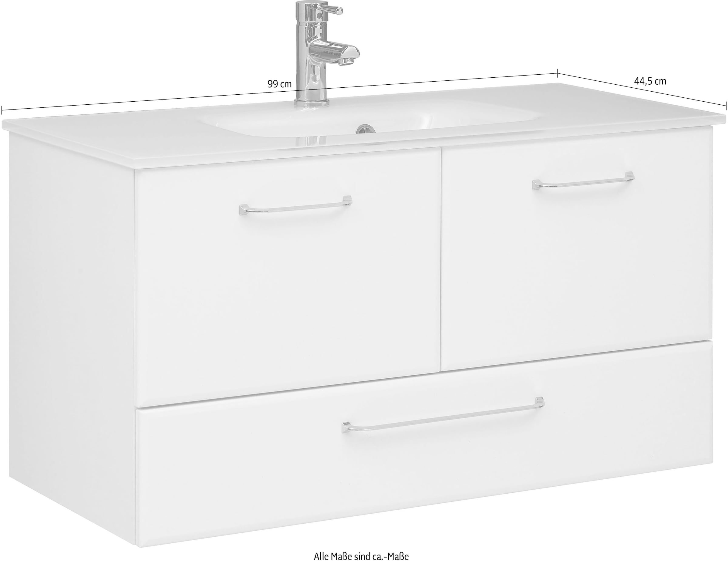 Saphir Waschtisch »Quickset Glaswaschtisch mit Unterschrank, 99 cm breit, Waschplatz«, Griffe in Chrom Glanz, inkl. Türdämpfer, 2 Türen, 1 Schublade