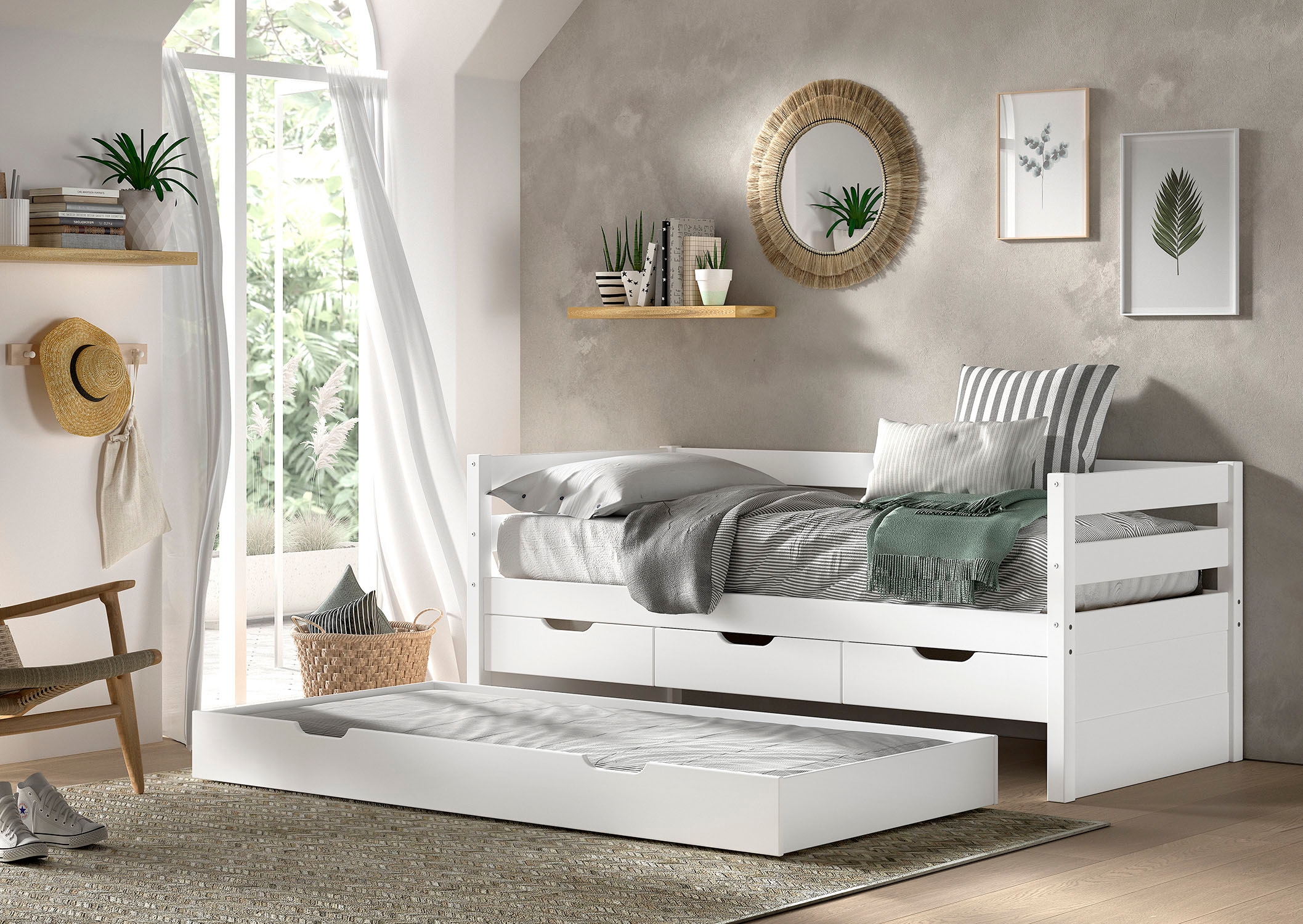 Vipack Funktionsbett »Margrit mit Bettschublade, in zeitlosem Design, universell einsetzbar« Liegefläche 90 x 200 cm, inkl. Rolllattenrost und seitlichem Umbau,  Massivholzbett mit 3 Schubladen, wahlweise in 2 Farben erhältlich