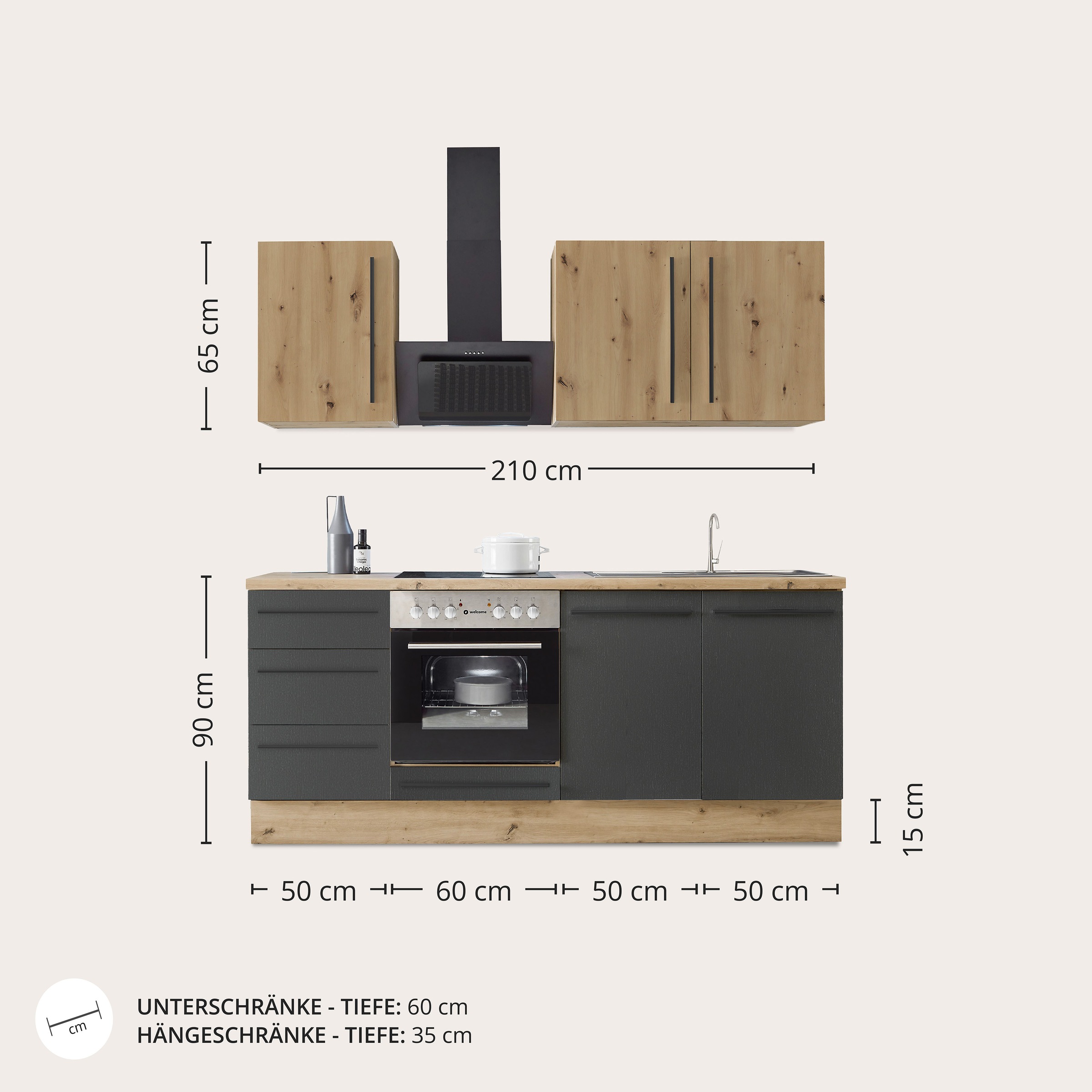 KOCHSTATION Küchenzeile »KS-Florida mit 38mm starker Arbeitsplatte«, Breite 210 cm, wahlweise mit E-Geräten, Soft-Close-Funktion