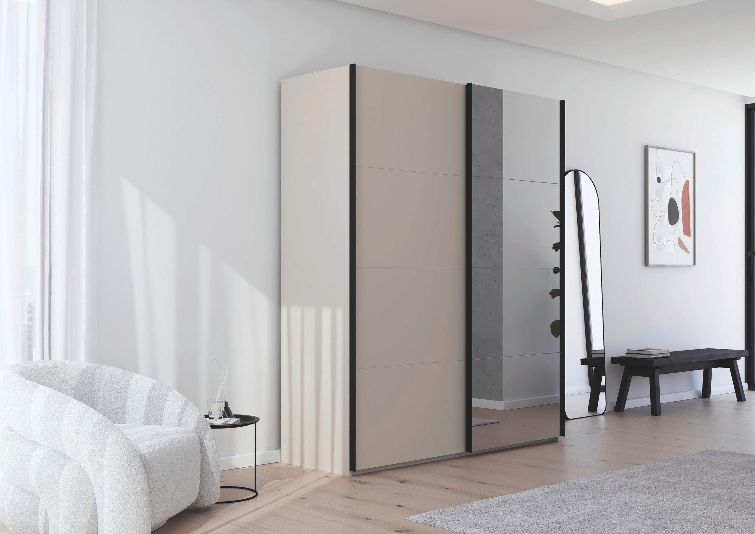 rauch Schwebetürenschrank »Kleiderschrank Schrank Garderobe Schlafzimmerschrank SCALE-FYRA«, edle viergeteilte Türen mit Spiegel und vielen Farben MADE IN GERMANY
