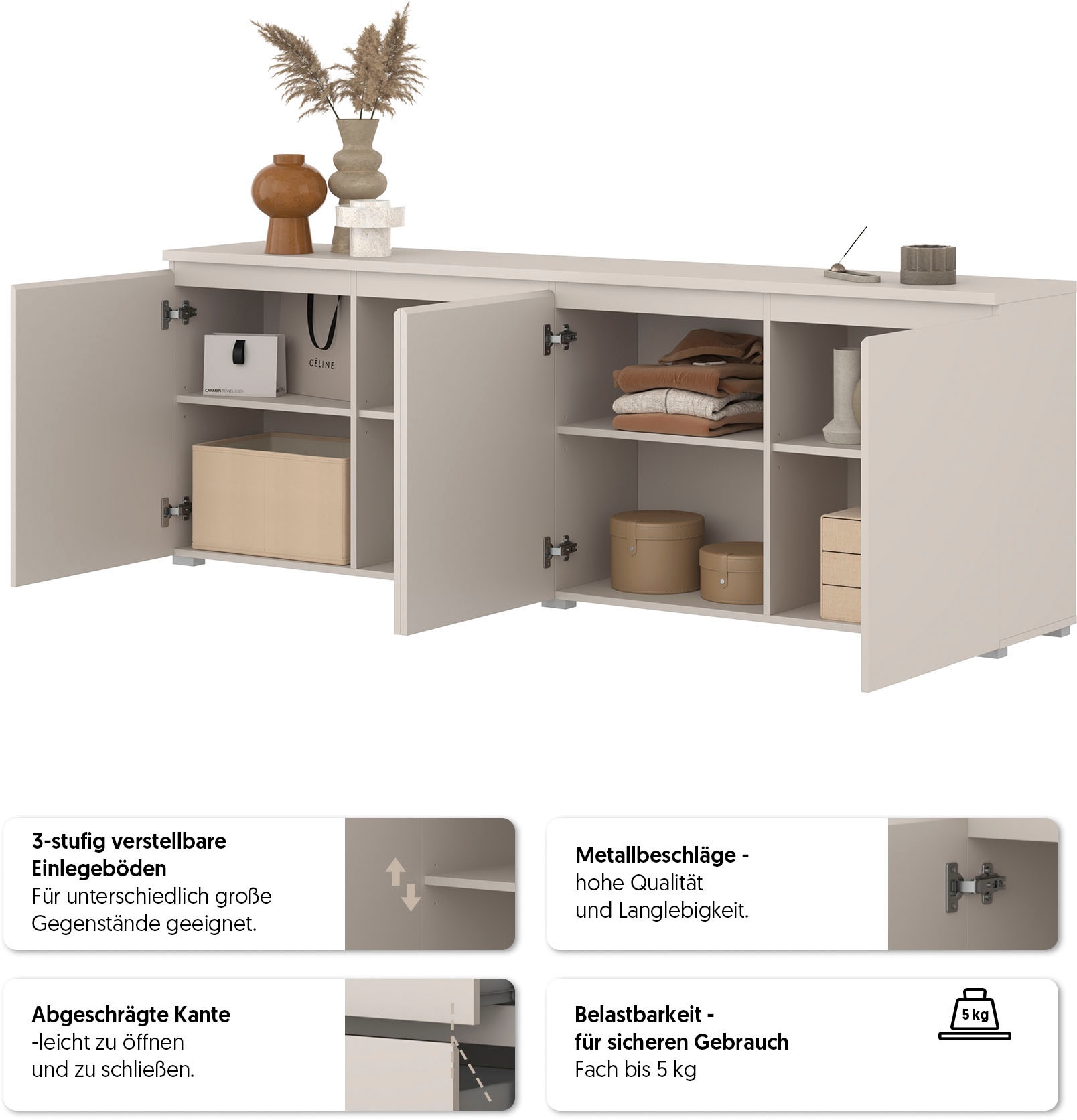 OTTO home Sideboard »Modo, Breite 200 cm, moderne grifflose Kommode 4Türen« Anrichte mit viel Stauraum, Einlegeböden verstellbar