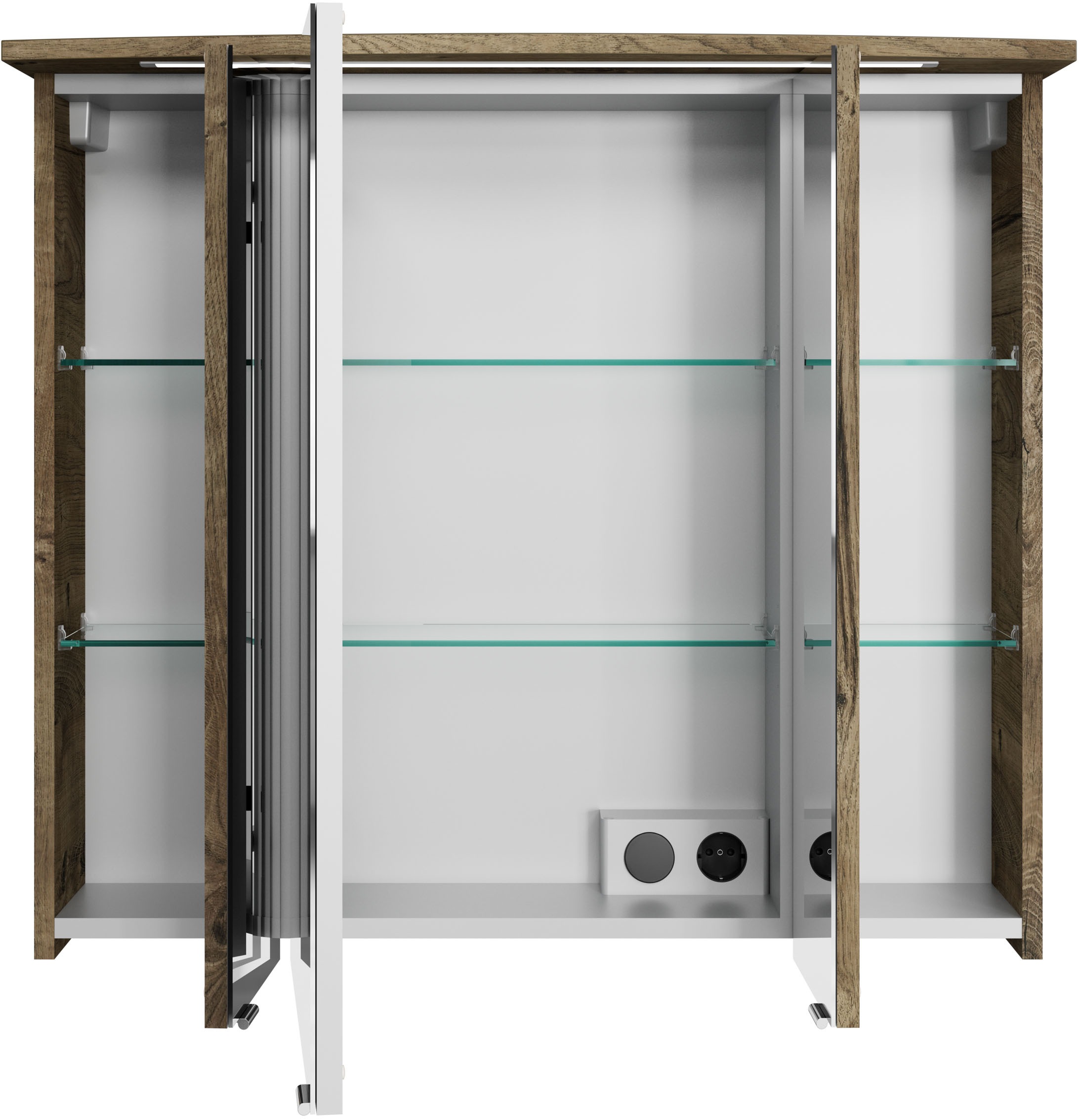 Saphir Badezimmerspiegelschrank »Serie 4010 Badezimmer-Spiegelschrank inkl. LED-Beleuchtung im Kranz«, Badschrank 82 cm breit, 3 Türen, 6 Glas-Einlegeböden, inkl Türdämpfer