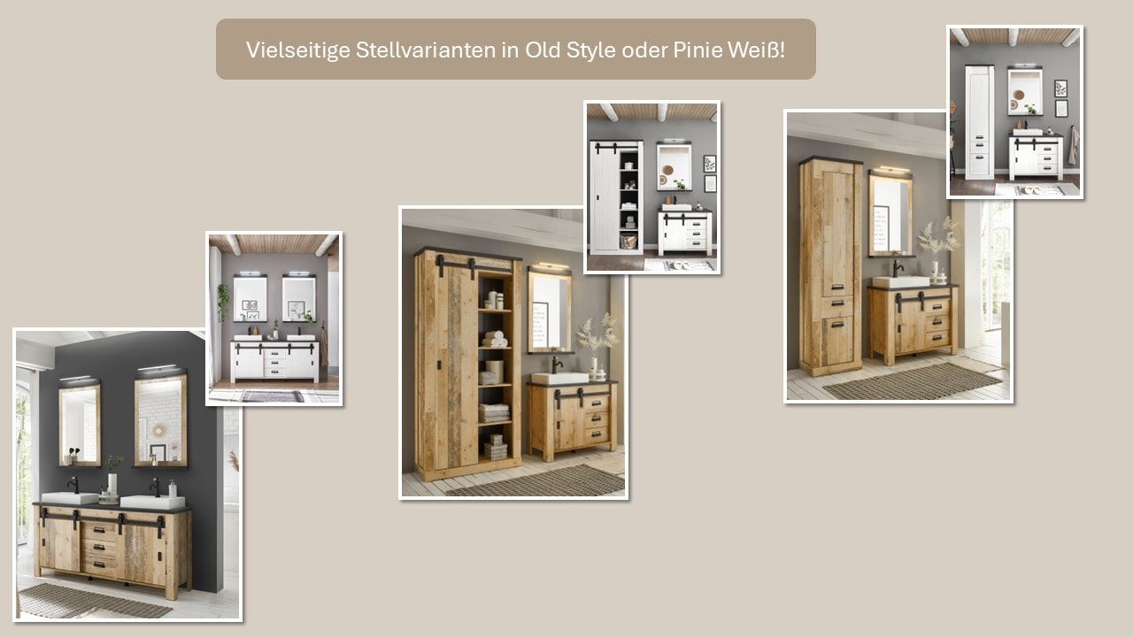 Home affaire Badmöbel-Set »SHERWOOD«, (3 St.), in Holz Dekor, mit Scheunentorbeschlag und Apothekergriffe aus Metall