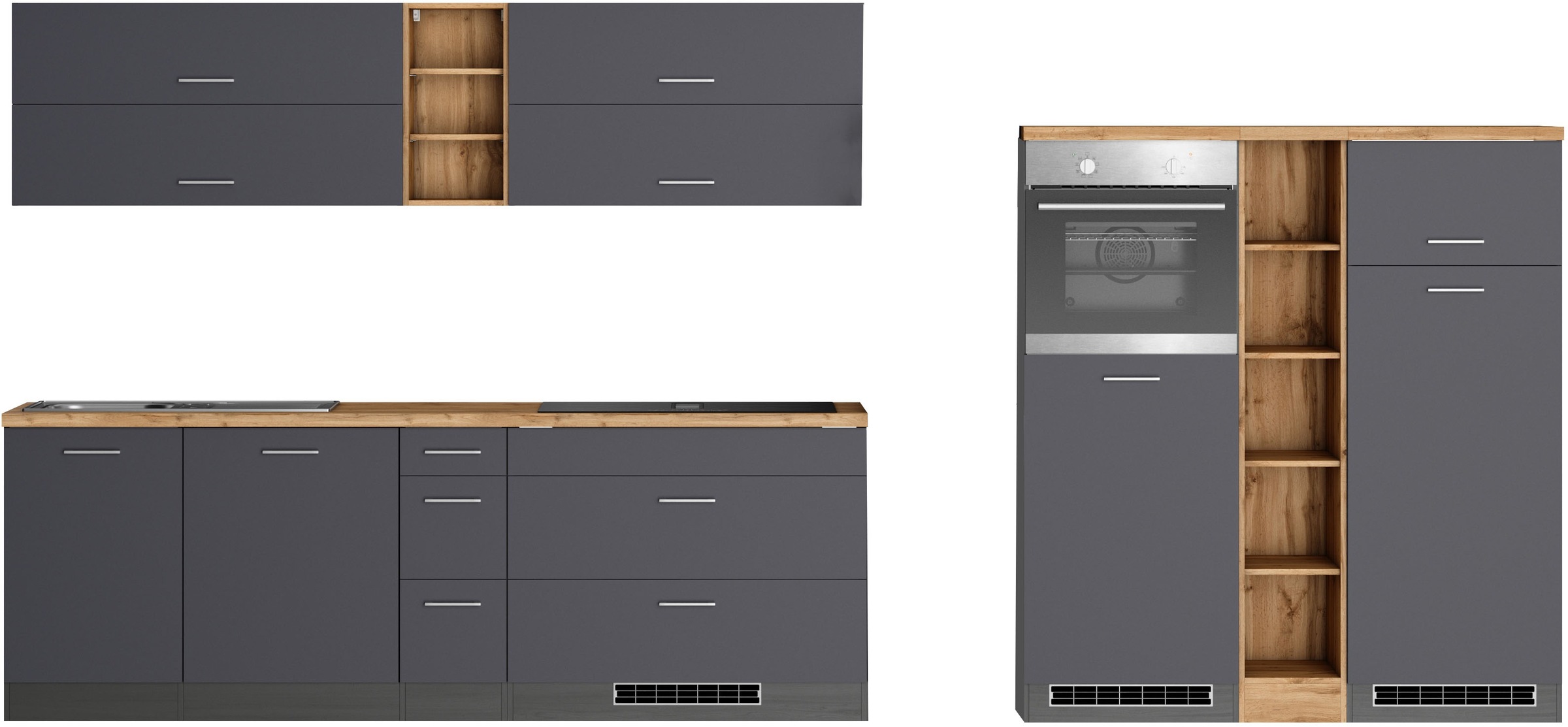 KOCHSTATION Küchenzeile »KS-Milan, optional mit Muldenlüfter« Breite 390 cm, wahlweise mit E-Geräten, Kochfeld mit Dunstabzug