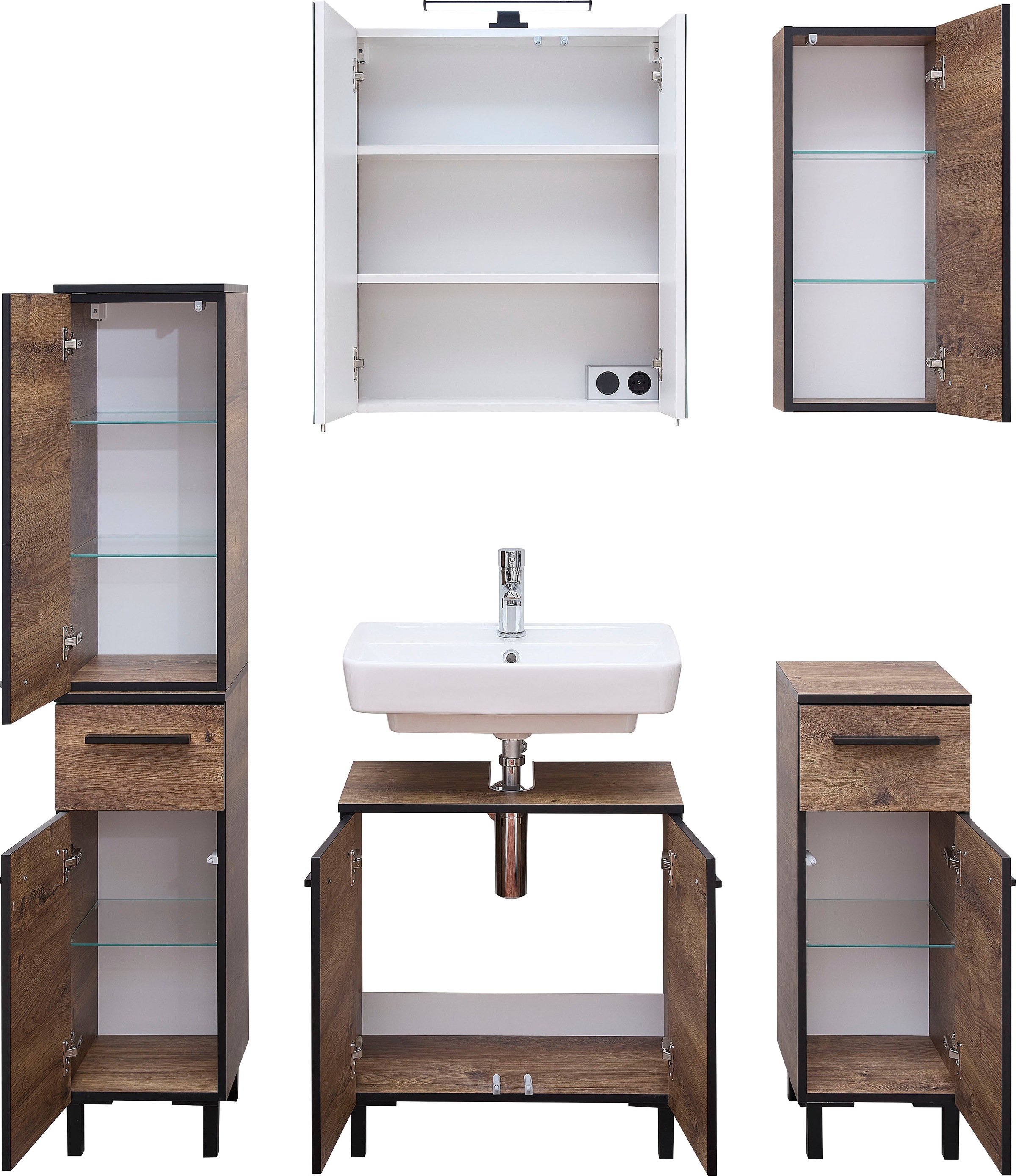 Saphir Badmöbel-Set »Quickset 374 5-teilig, Waschbeckenunterschrank mit LED-Spiegelschrank«, (7 St.), Midischrank, Unterschrank, Hängeschank, inkl. Türdämpfer, 7 Türen
