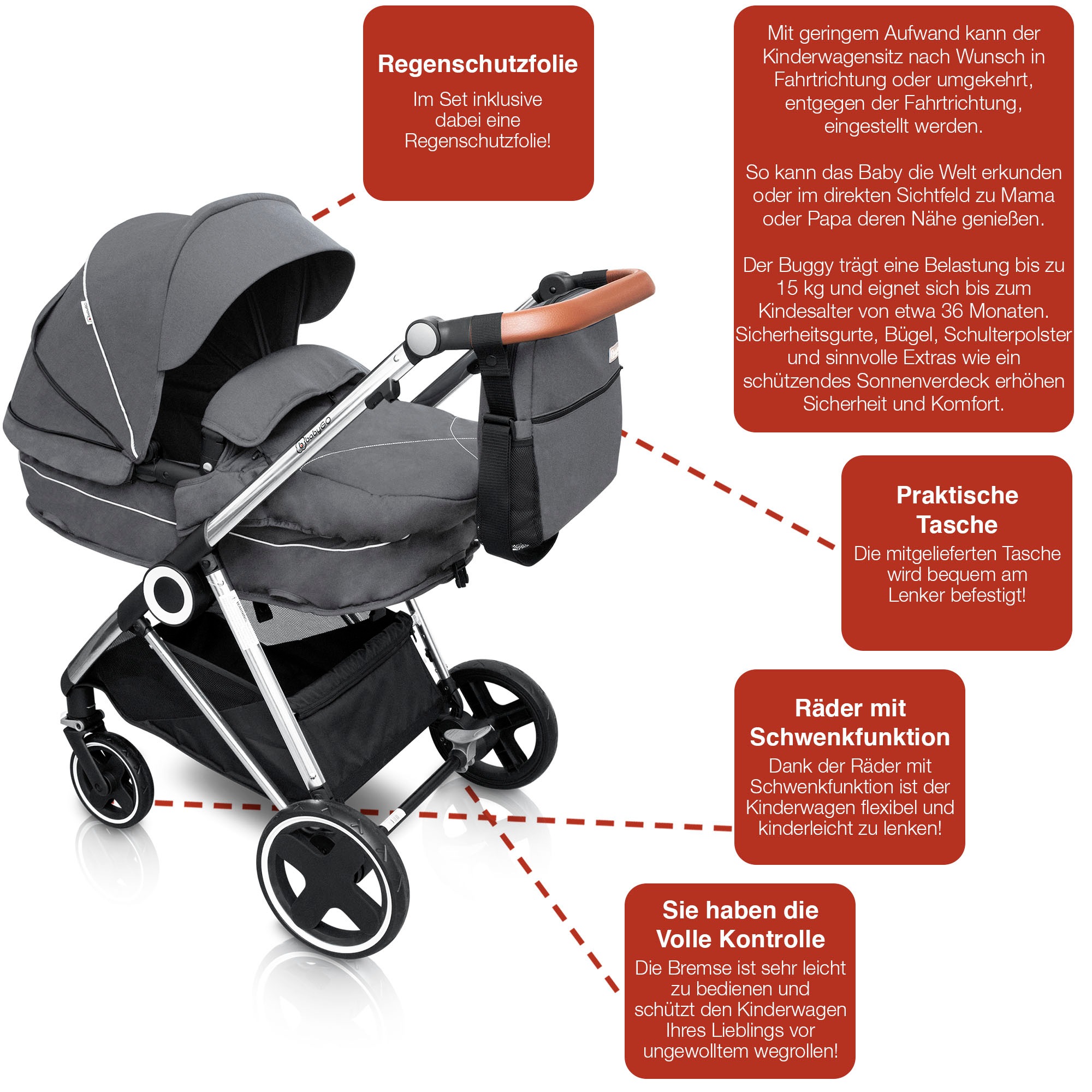 BabyGo Kombi-Kinderwagen »Halime 3in1«, inklusive Babywanne, Babyschale, Regenhaube & Wickeltasche