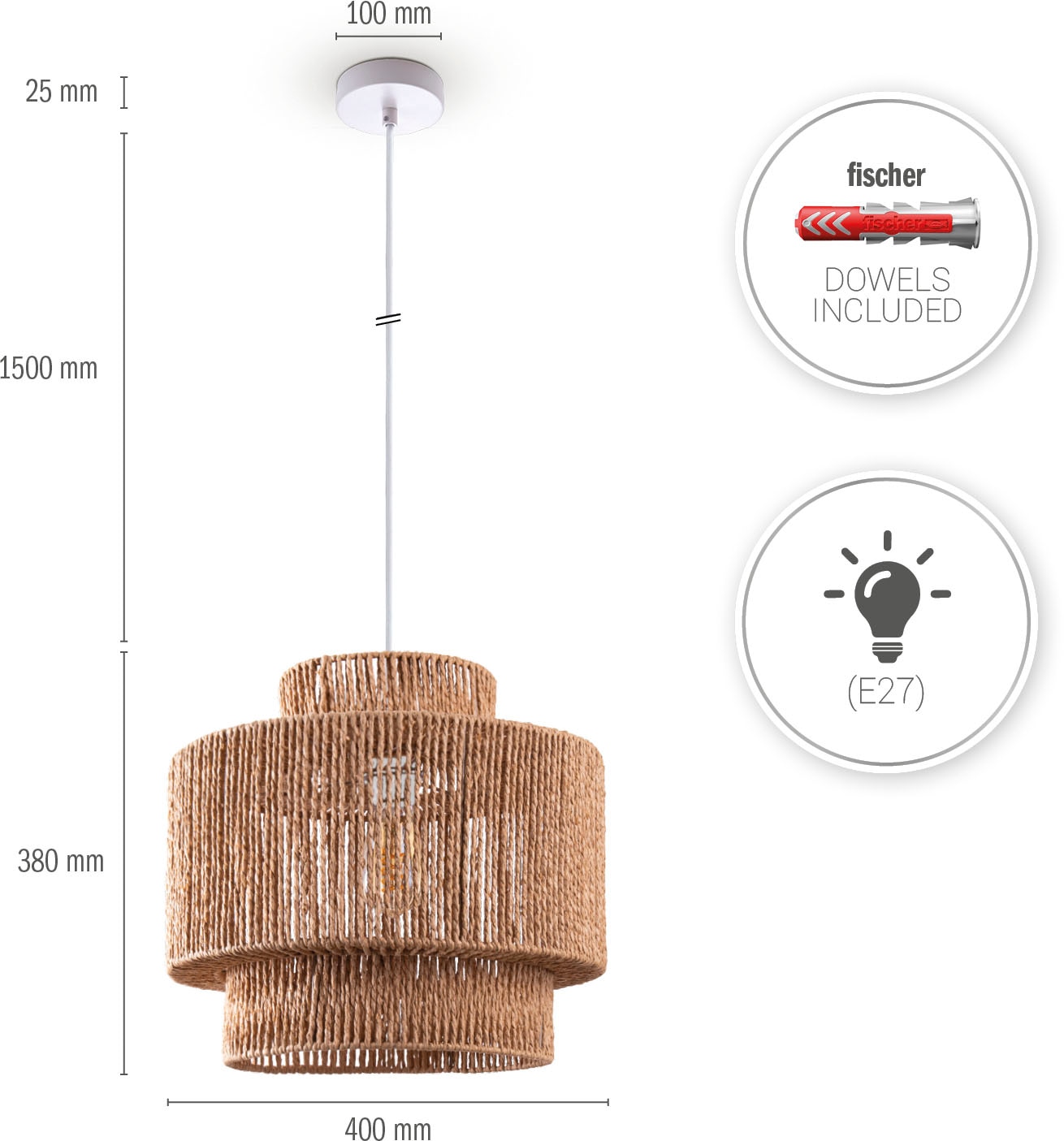Paco Home Pendelleuchte »Hugo Lupita«, Leuchtmittel E27 | ohne Leuchtmittel, Wohnzimmer Esszimmer Rattan Optik Boho Lampenschirm Papier