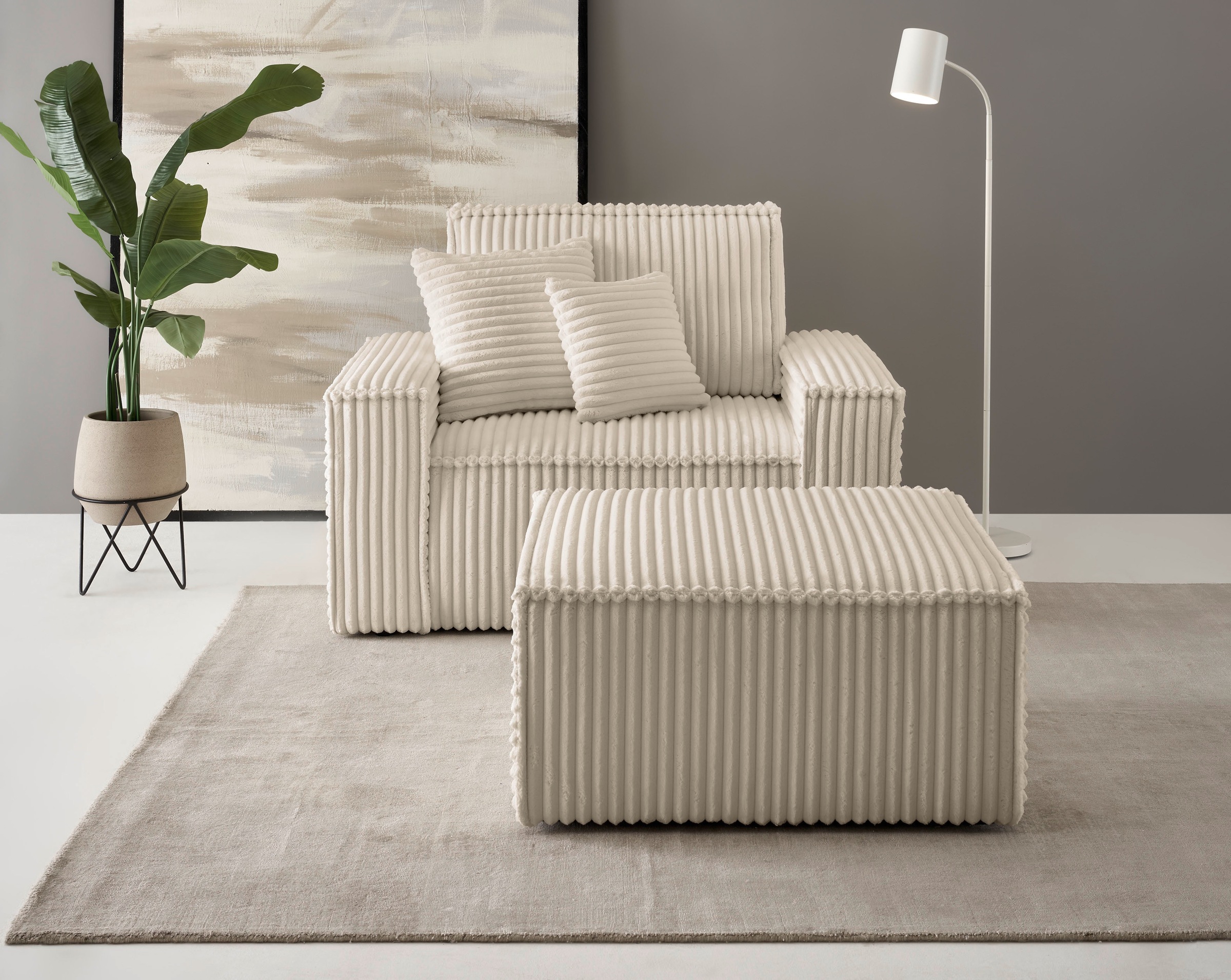 OTTO home Loveseat »FINNLEY, Loveseat & Hocker im Set, trendige Stoffe, inkl. Zierkissen« 2 Stk. tlg. verfügbar in den Stoffqualitäten Bouclé, Struktur fein und Mega Cord