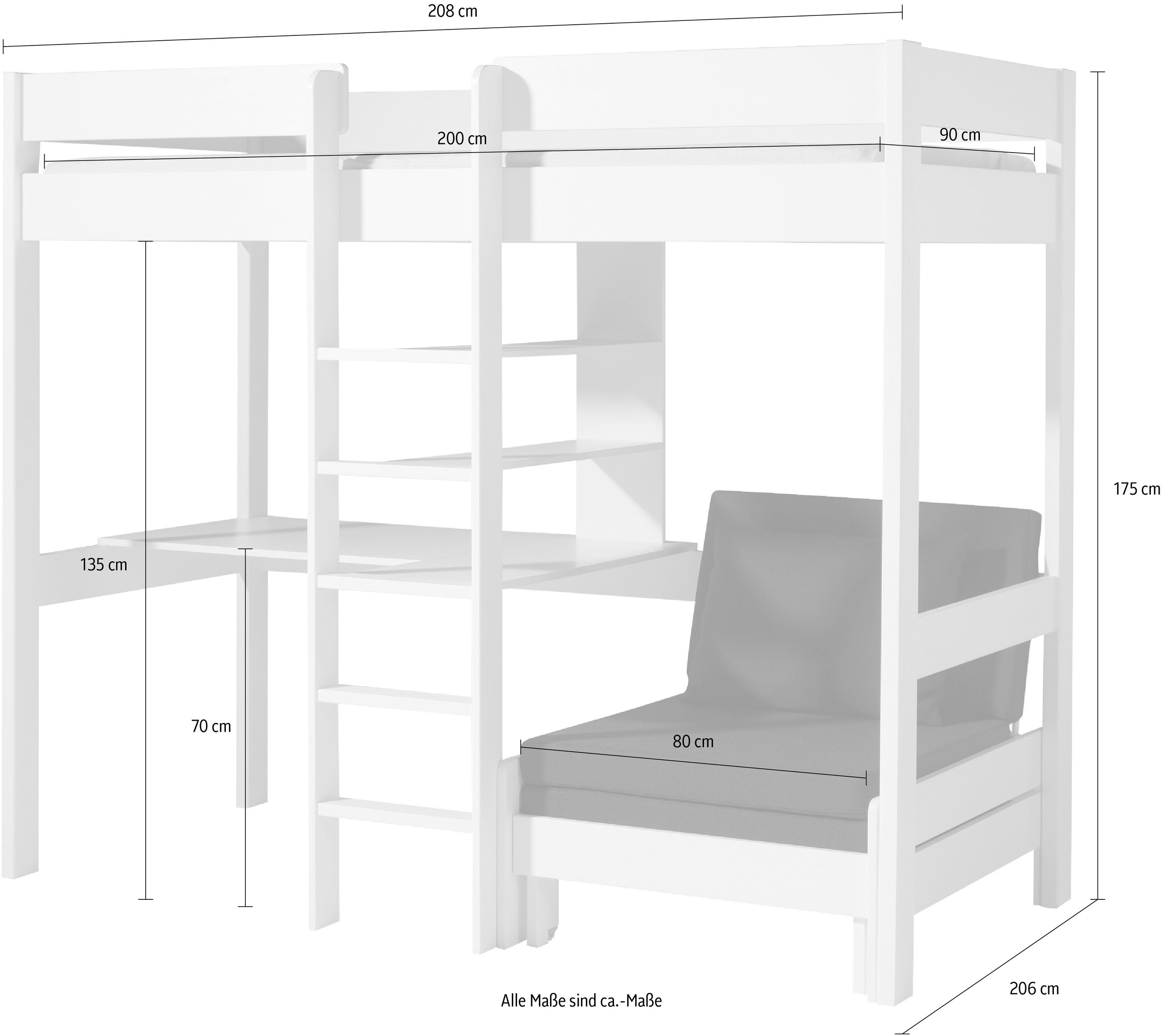 Vipack Hochbett »Pino«, (Made in Europe), mit Sessel, Schreibplatte und Regal