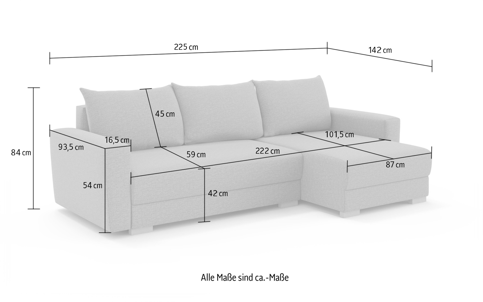 INOSIGN Ecksofa »MAGHERA universell Schlafsofa mit Bettkasten, Maße B/T/H: 255/142/84cm«, L-Form mit Recamiere rechts oder links montierbar, hoher Sitzkomfort