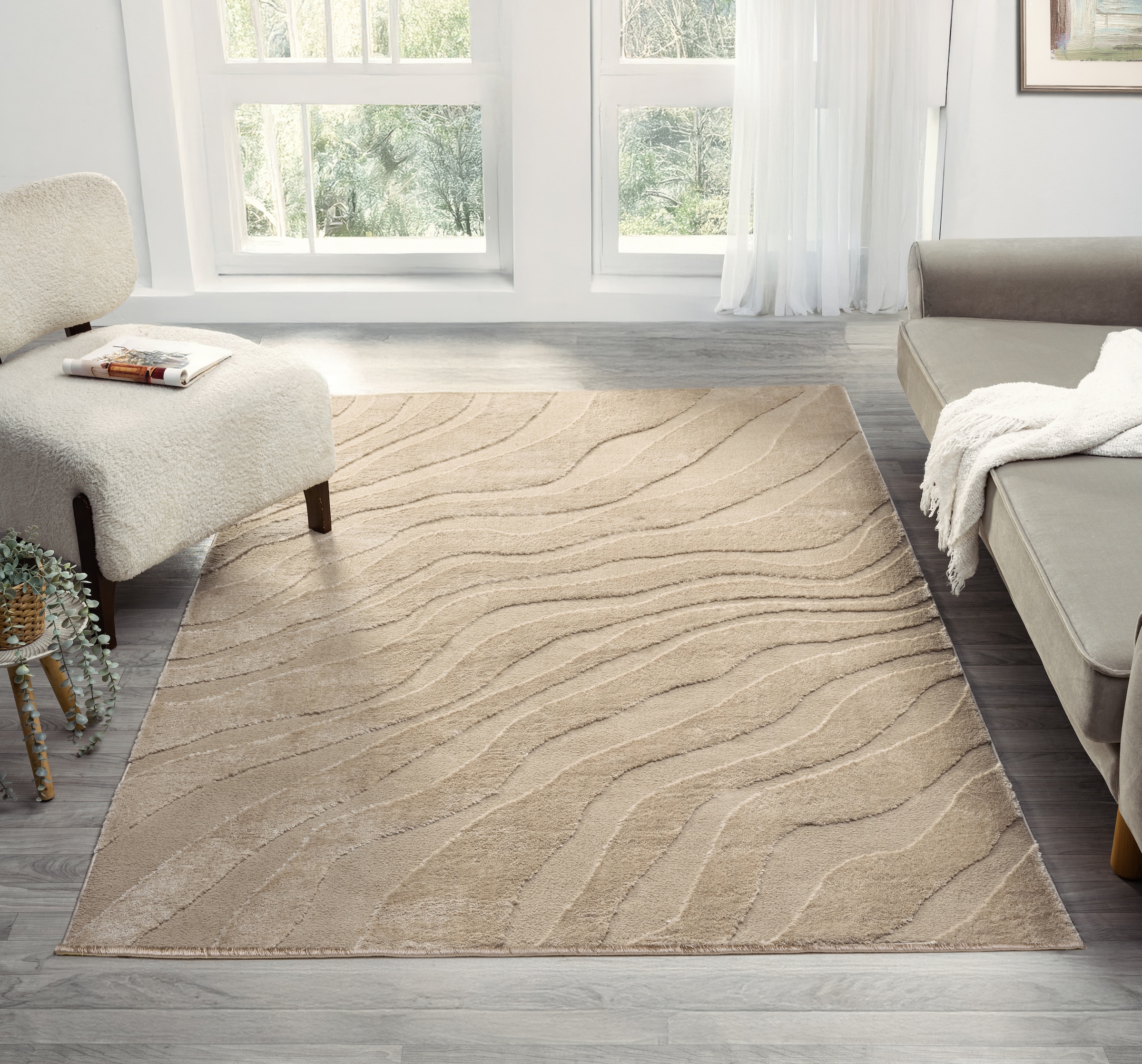 OTTO home Teppich »Benia, Hoch-Tief-Struktur« rechteckig 19 mm Höhe Wellen-Design, leichter Glanz, modern, Wohnzimmer, Schlafzimmer