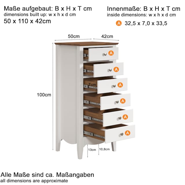 INTER-FURN Kommode »Lissabon«, Kiefer teilmassiv, 6 Schubkästen,  Metallgriffe, B/H/T: 50/110/42 cm online bei OTTO