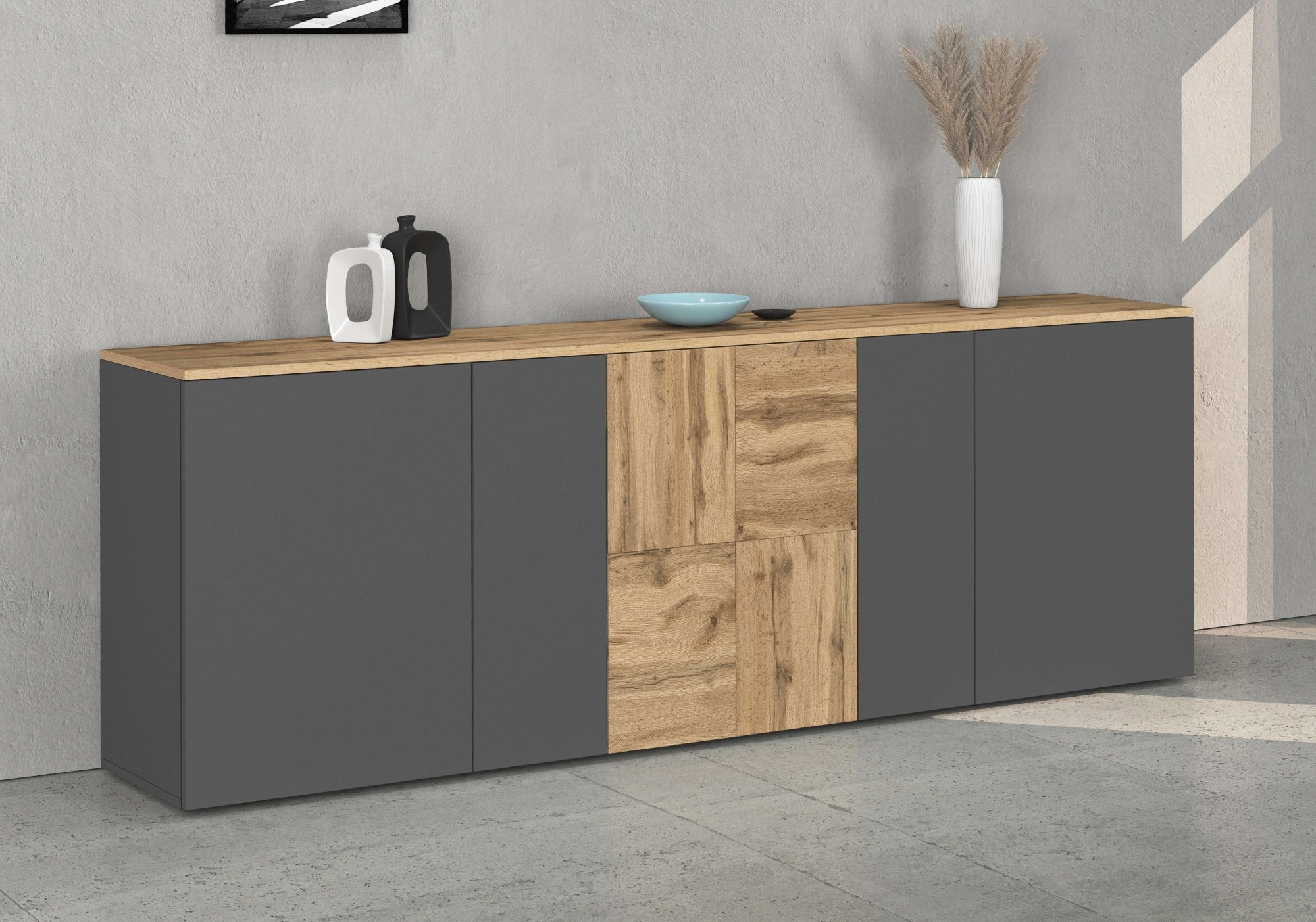 OTTO home Sideboard »ISEO, Kommode, Schrank, Sideboard, Lowboard, 6 Fächer, Breite 200 cm« 1 Stk. tlg. stehend/hängend, 5 Türen, 6 Fächer, Breite 200 cm