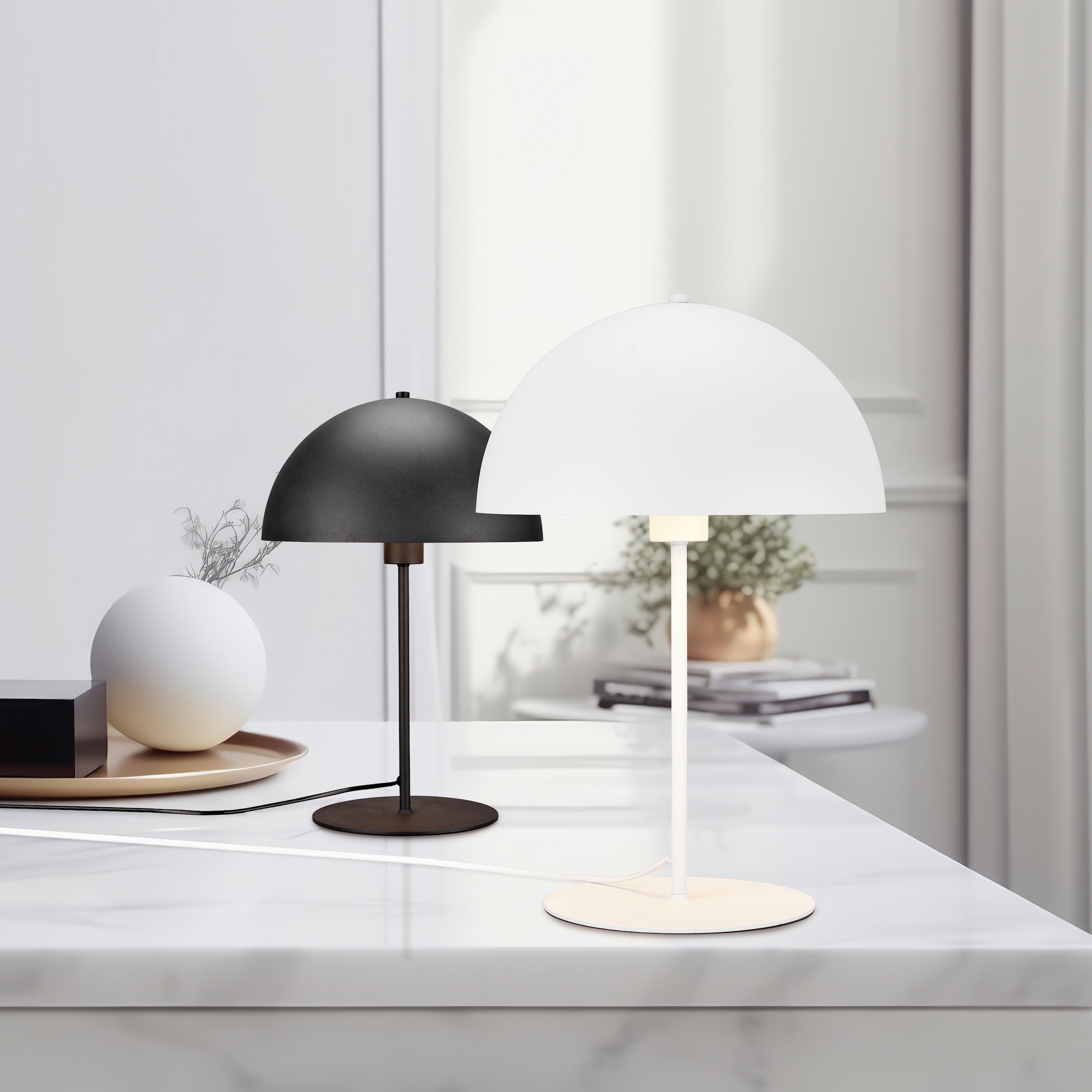 Leonique Schreibtischlampe »MANON, Tischlampe Pilzform Höhe 31cm Ø 20cm, exkl 1x E14 Leuchtmittel«, 1 flammig, Leuchtmittel E14 | Leuchtmittel wechselbar, Schreibtisch Leuchte Schirm innen gold, Schnurschalter mit 180cm Kabel