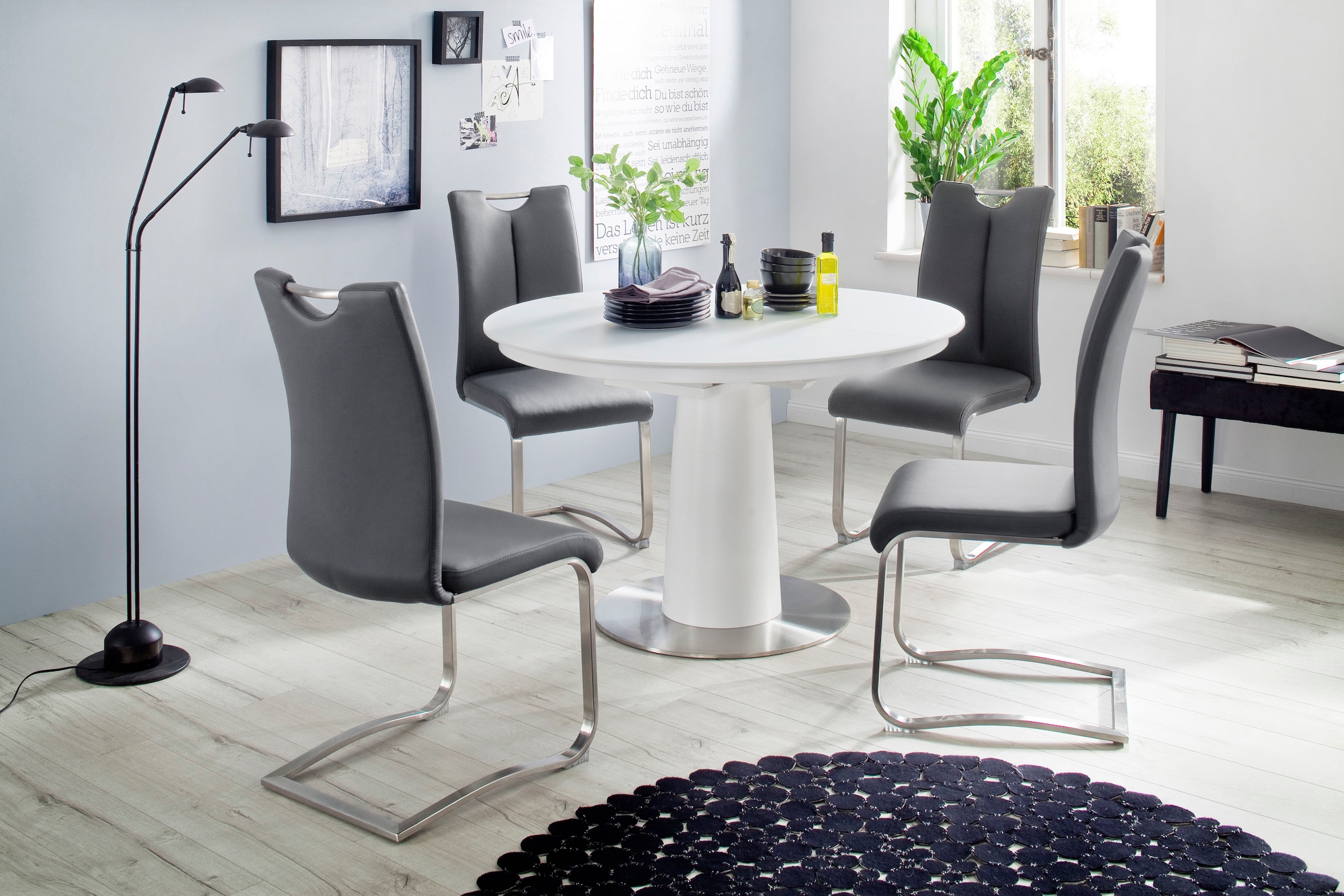 MCA furniture Esstisch »Waris«, Esstisch Rund mit Synchronsauszug, Weiß matt mit Sicherheitsglas