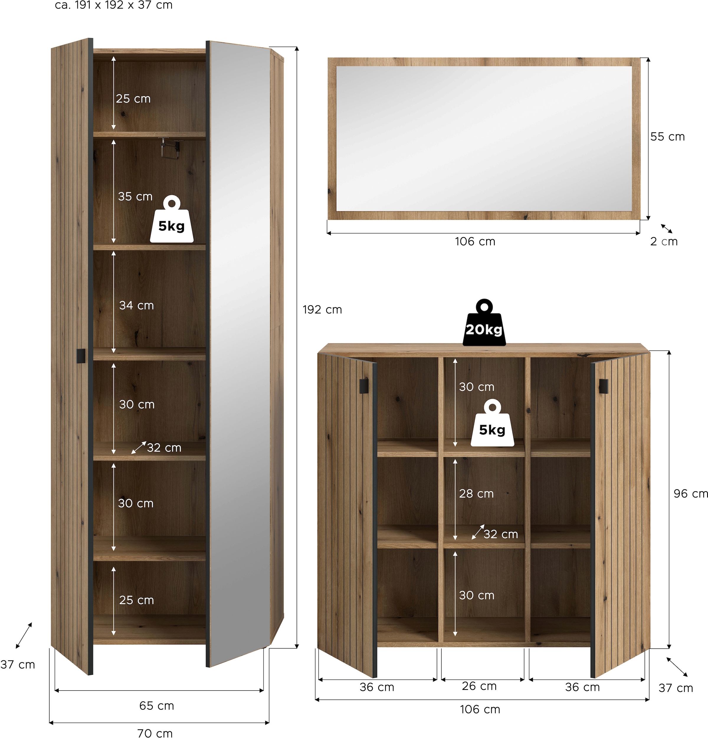 Home affaire Garderoben-Set »TATIO, 3-tlg. Garderobenkombination, Breite: 191 cm, Rillenfräsung« Set, Set, best. aus: 1 Spiegel, 1 Garderobenschrank, 1 Schuhkommode, 3 Stk. tlg.