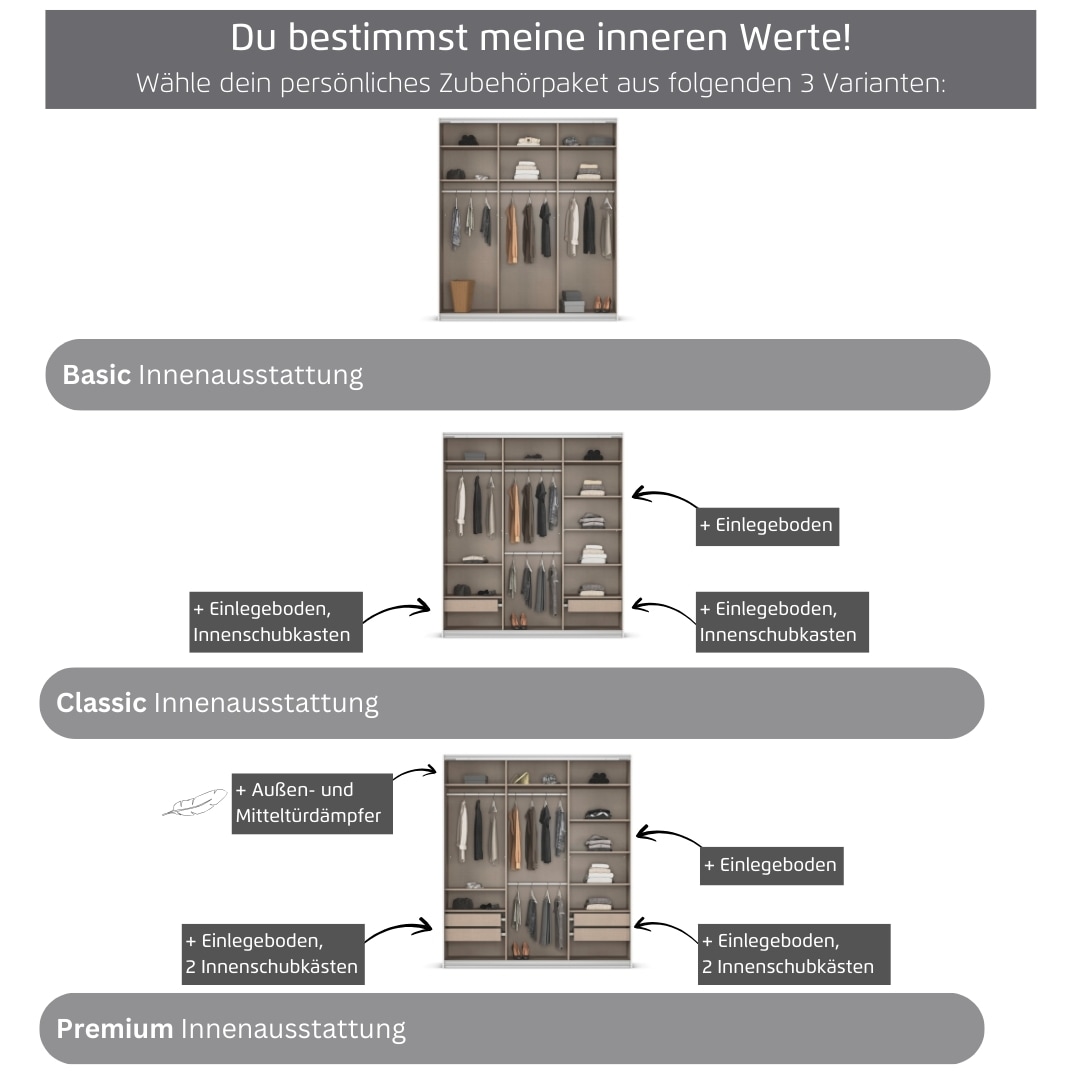 rauch Kleiderschrank »Schwebetürenschrank OTTO´s Choice Garderobe Schrank TOP ANGEBOT Avola«, (in 3 verschiedenen Ausstattungen BASIC/CLASSIC/PREMIUM inkl. Spiegel), mit eleganten Zierleisten in Chrom, Schwarz oder Weiß MADE IN GERMANY