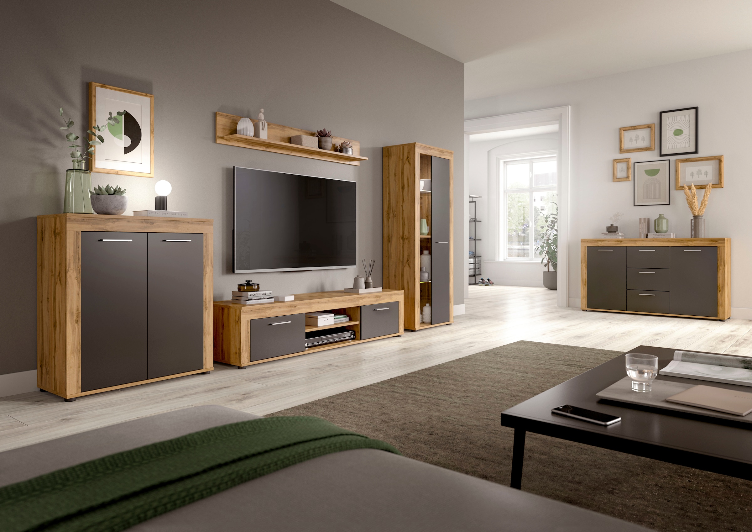 Home affaire Wohnwand »AOSTA, Breite 330cm, 4-teilige Wohn-Kombination« bestehend aus: Highboard, Lowboard, Wandboard & Vitrine, 4 Stk. tlg.