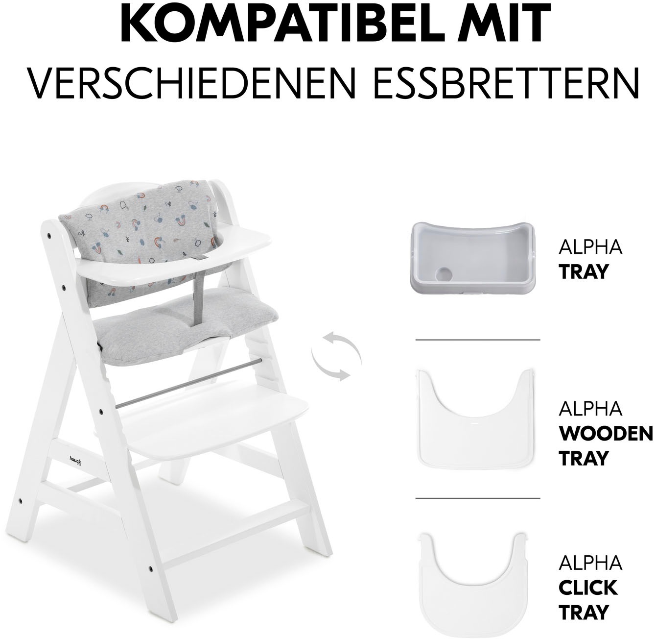 Hauck Hochstuhl »Alpha+, weiß + Sitzauflage Rainbow«, (Set), 3 St.