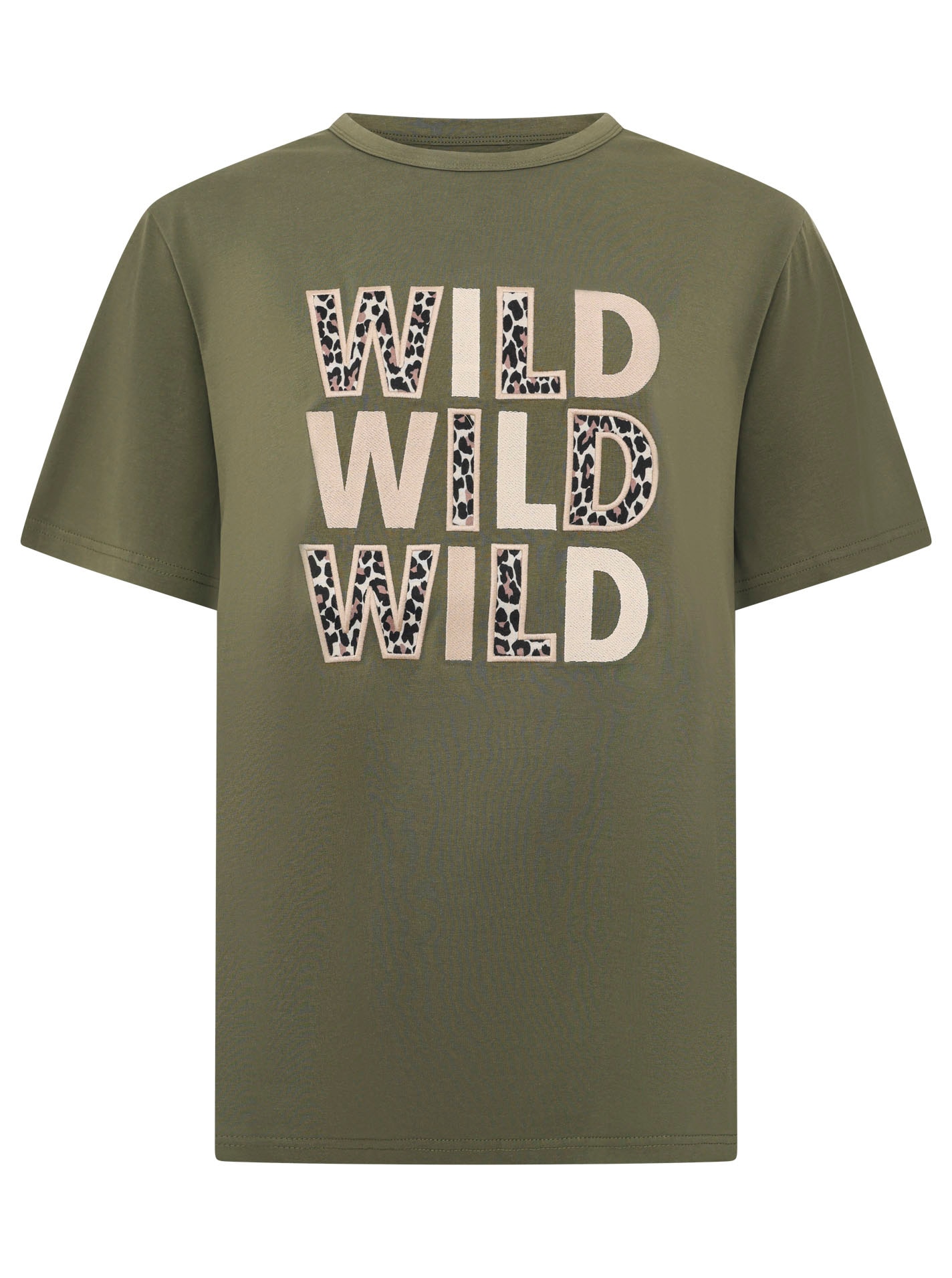 Zwillingsherz T-Shirt »"Wild Wild Wild"« großer, gestickter Schriftzug mit Leomuster, Rundhals